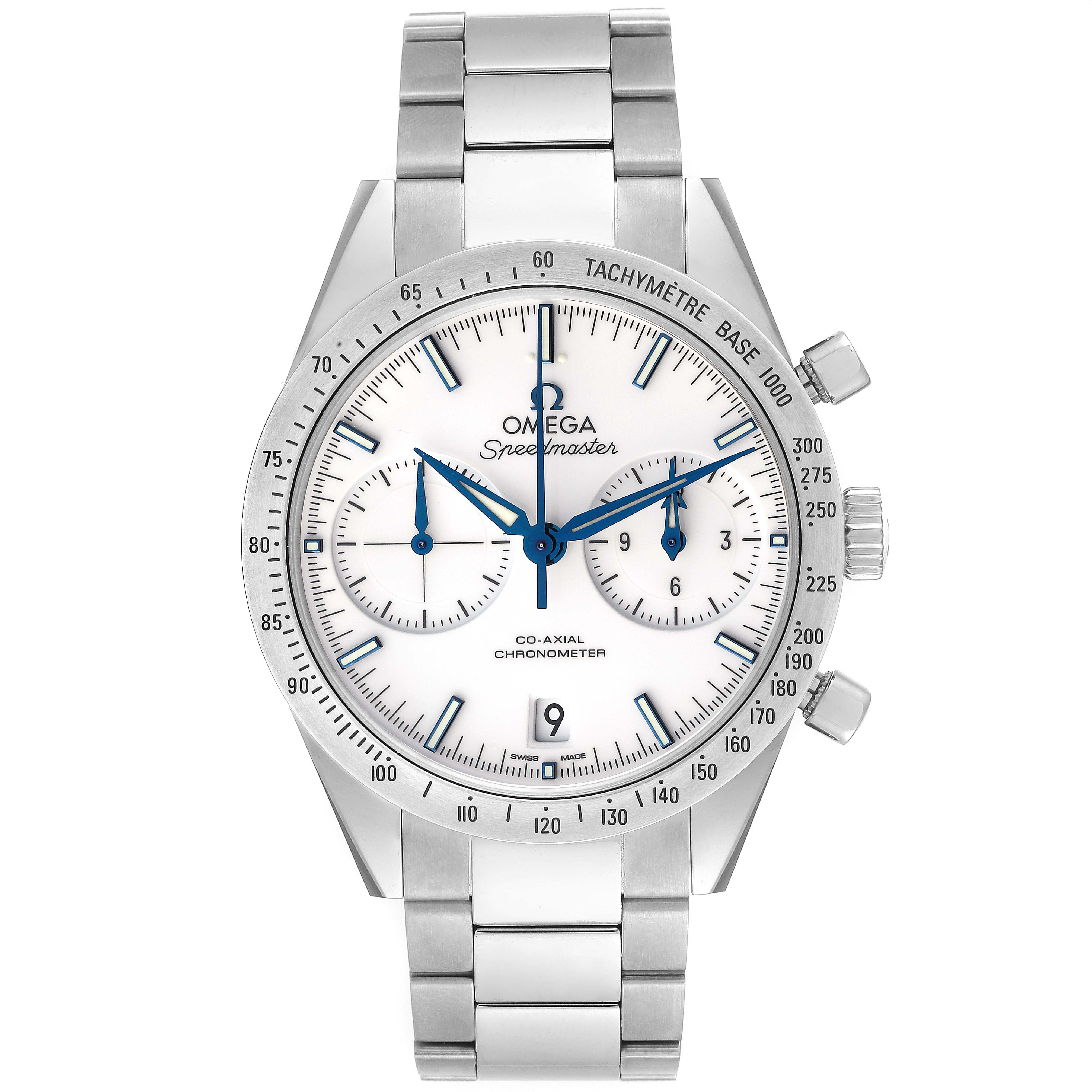 This image shows a front view of the Omega Speedmaster 331.90.42.51.04.001 Men's Titanium White Dial 331.90.42.51.04.001 Men's Titanium White Dial watch, focusing on its dial and stainless steel bracelet.