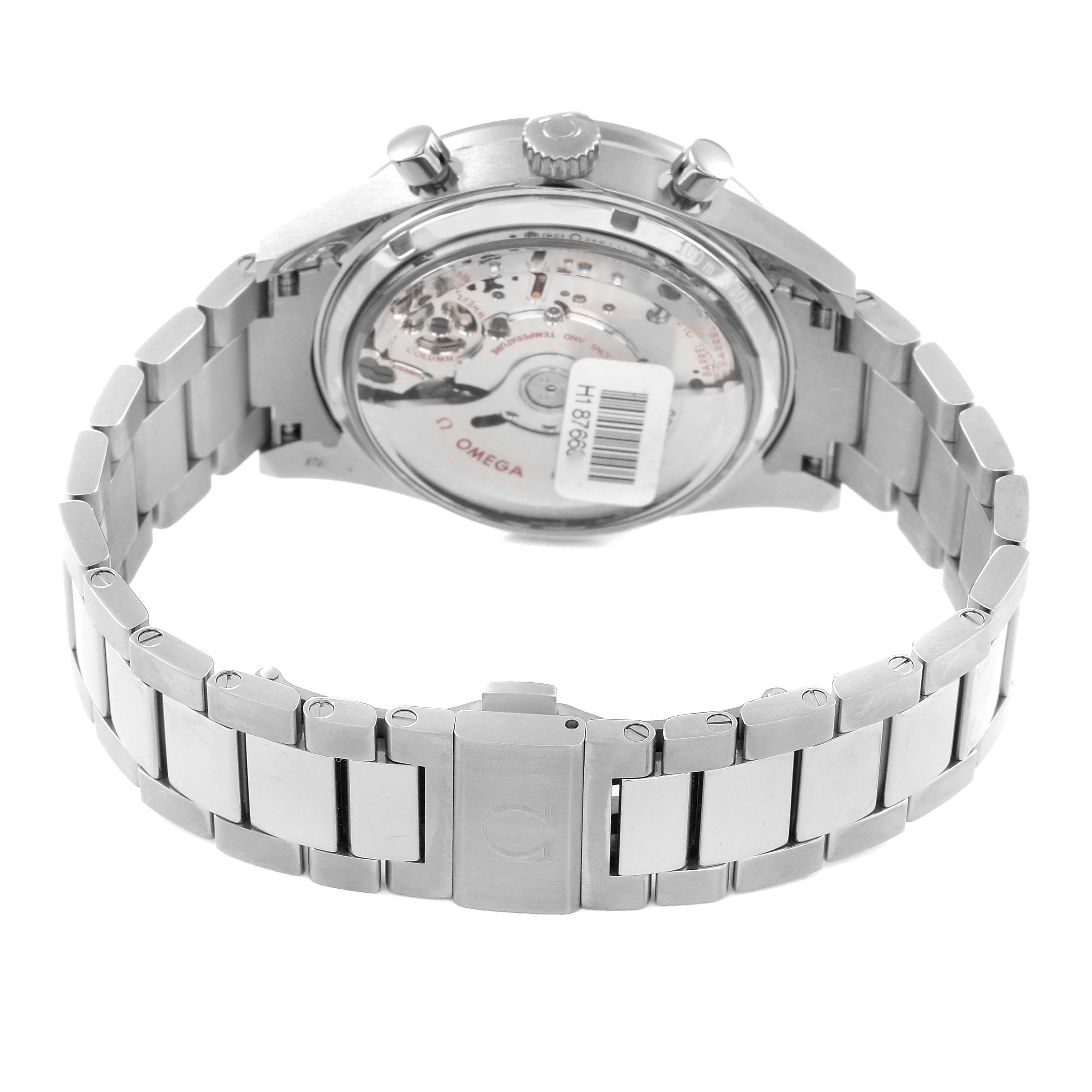 The image shows the back view of an Omega Speedmaster 331.90.42.51.04.001 Men's Titanium White Dial 331.90.42.51.04.001 Men's Titanium White Dial watch, highlighting its stainless steel bracelet and exposed movement.