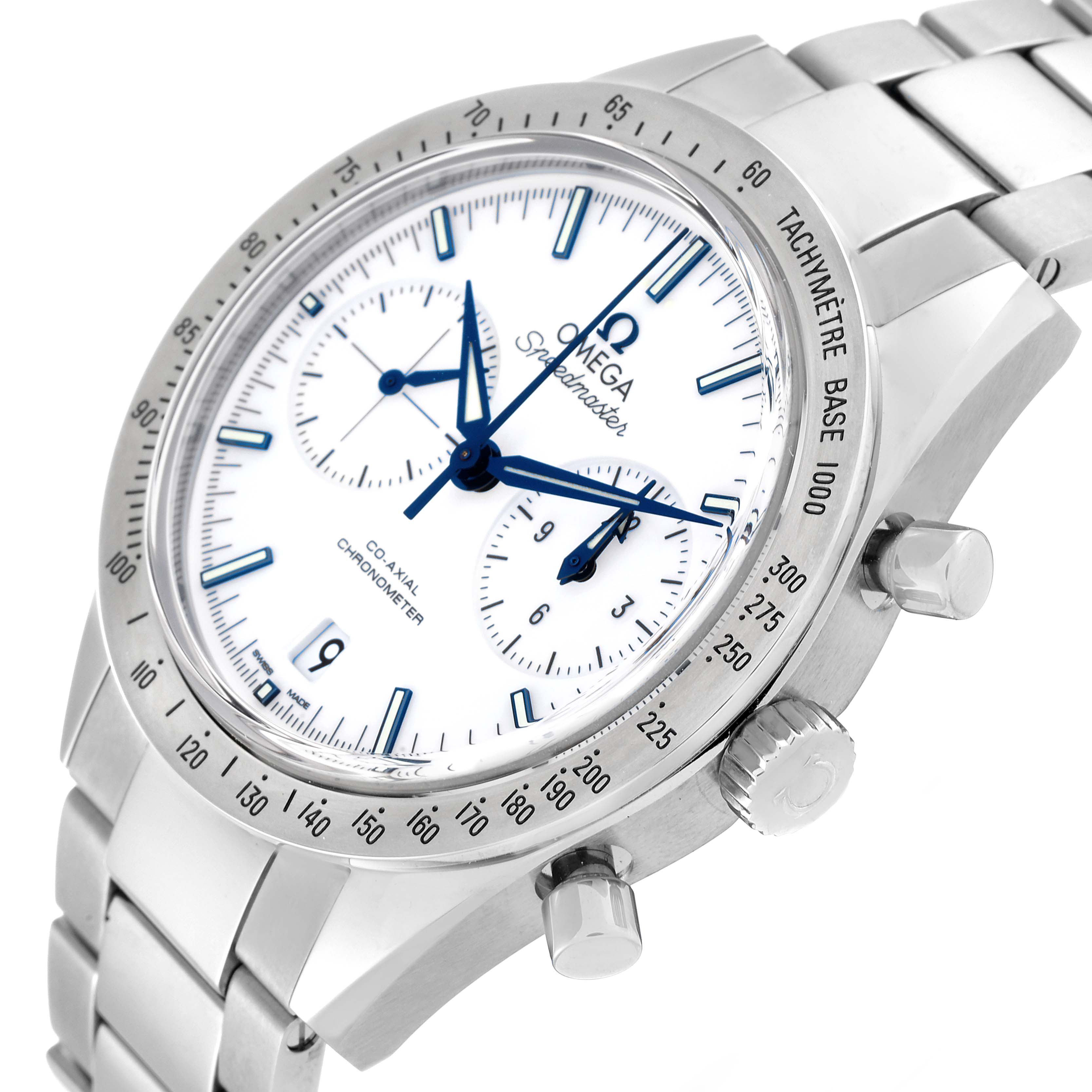 The image shows a close-up side angle of the Omega Speedmaster 331.90.42.51.04.001 Men's Titanium White Dial 331.90.42.51.04.001 Men's Titanium White Dial watch, highlighting the dial, bracelet, crown, and pushers.