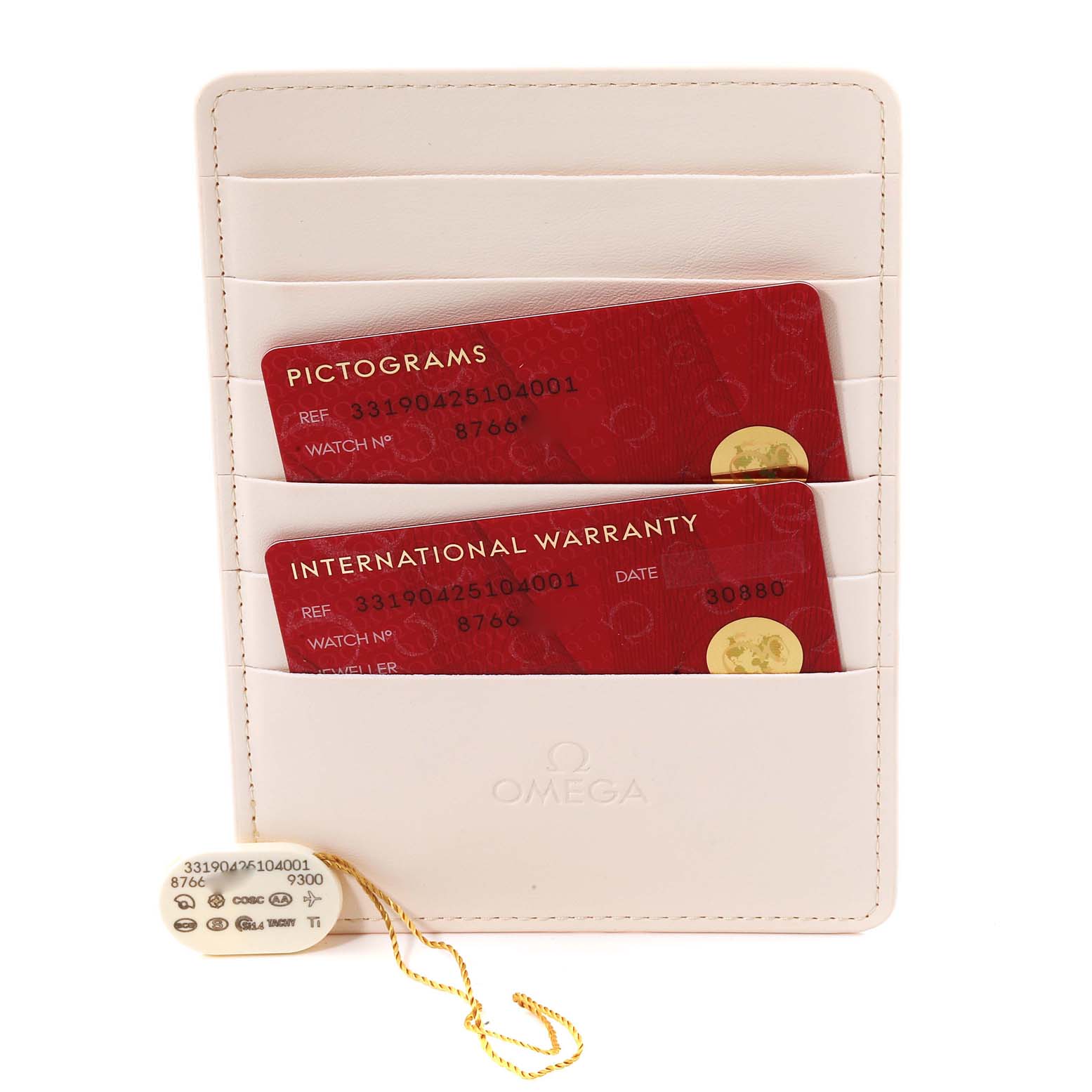 The image shows the warranty cards and tags for an Omega Speedmaster 331.90.42.51.04.001 Men's Titanium White Dial 331.90.42.51.04.001 Men's Titanium White Dial watch, placed in a white cardholder.