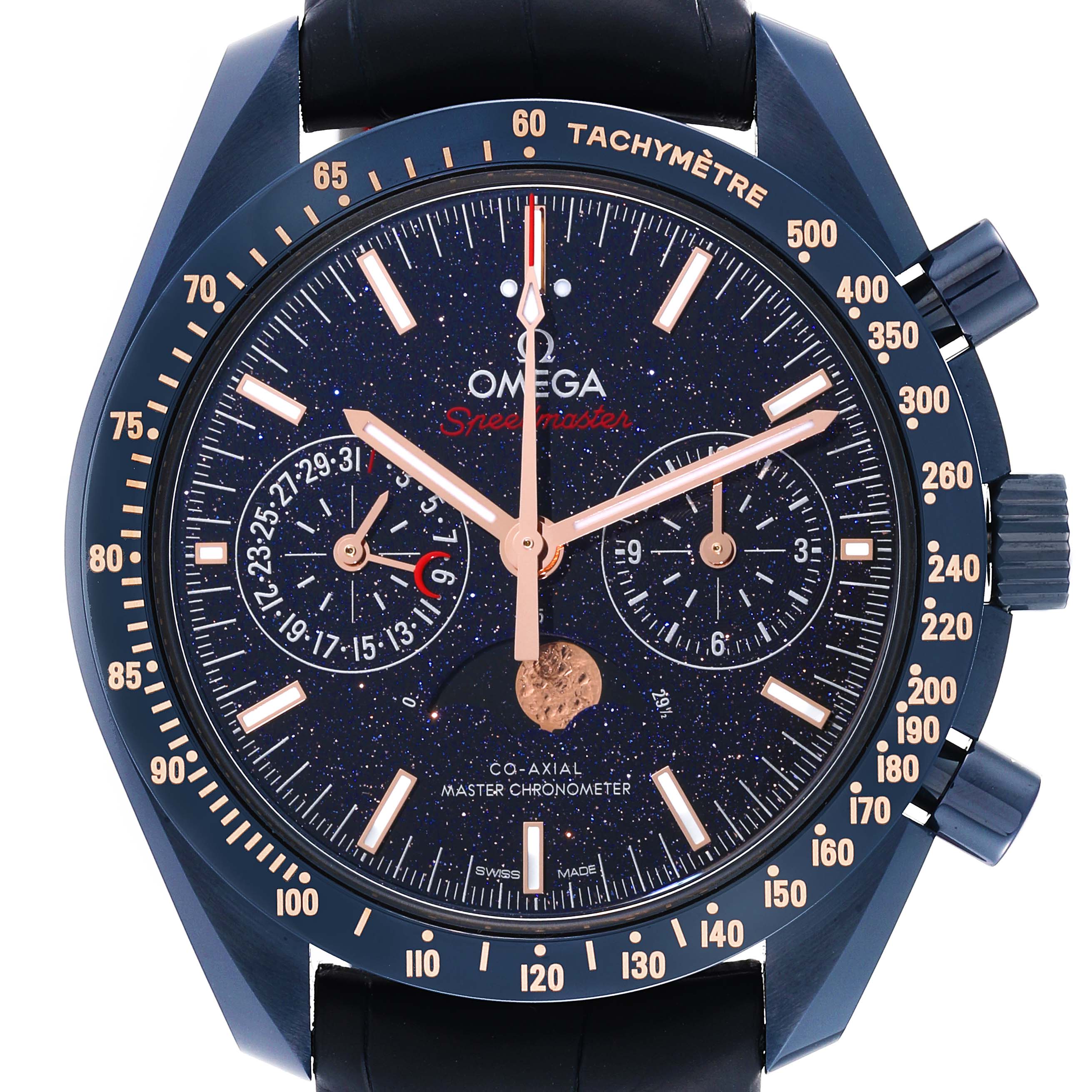 This image shows a frontal view of an Omega Speedmaster 304.93.44.52.03.002 Men's Ceramic Blue Dial 304.93.44.52.03.002 Men's Ceramic Blue Dial watch, clearly highlighting the dial, hands, subdials, and tachymeter bezel.