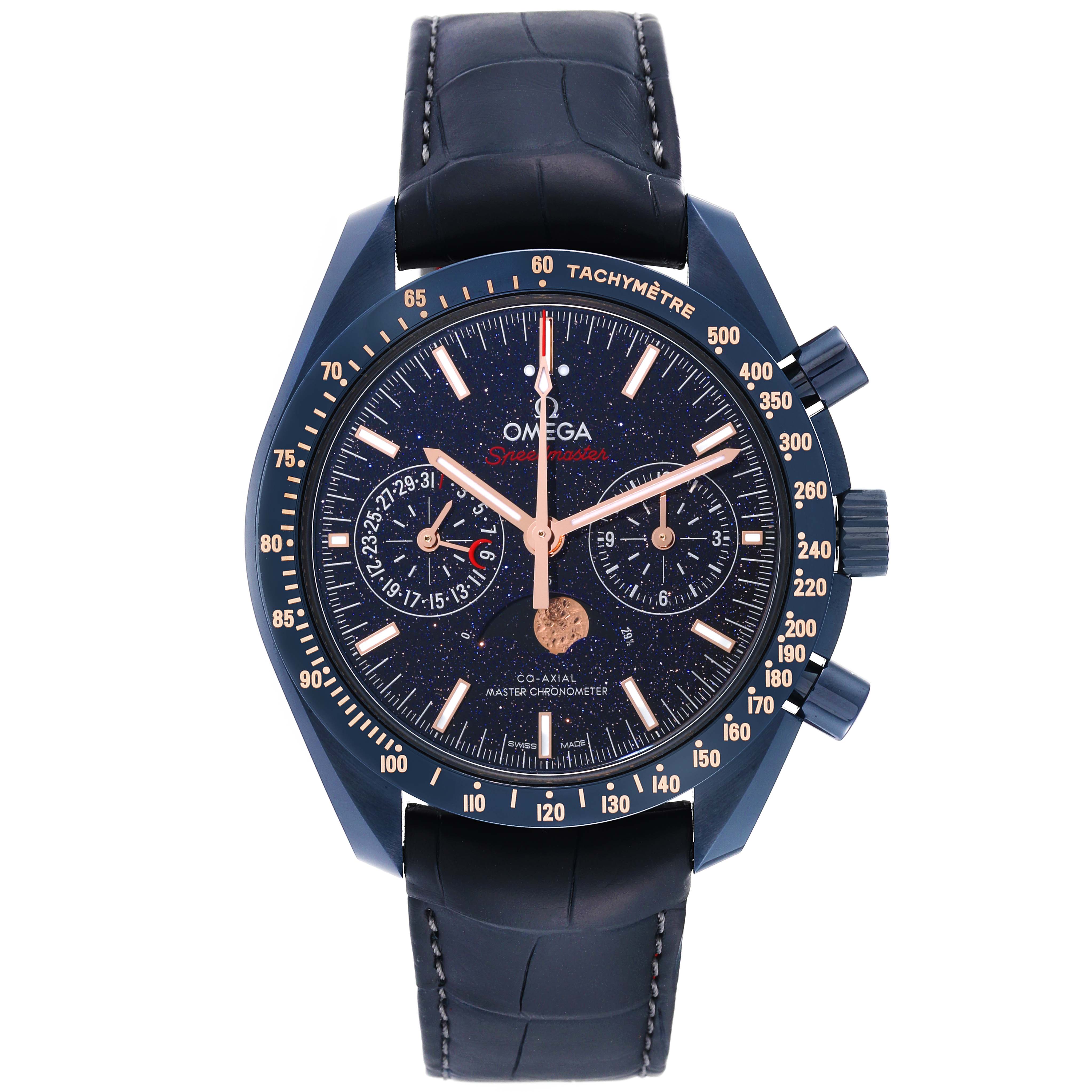 The image shows a front view of an Omega Speedmaster 304.93.44.52.03.002 Men's Ceramic Blue Dial 304.93.44.52.03.002 Men's Ceramic Blue Dial watch with a blue dial and strap.