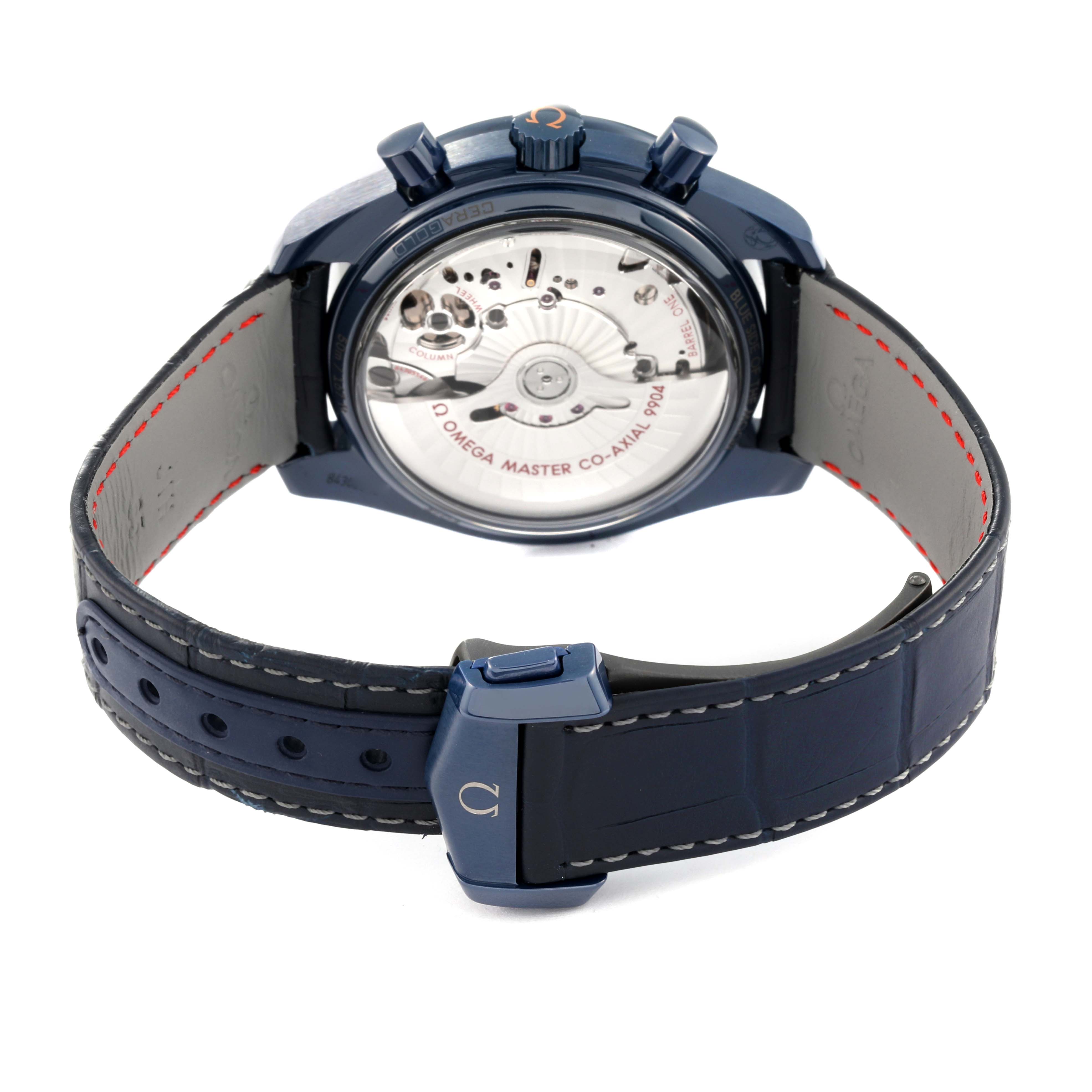 This Omega Speedmaster 304.93.44.52.03.002 Men's Ceramic Blue Dial 304.93.44.52.03.002 Men's Ceramic Blue Dial watch is shown from the back, highlighting the movement and strap with its clasp.