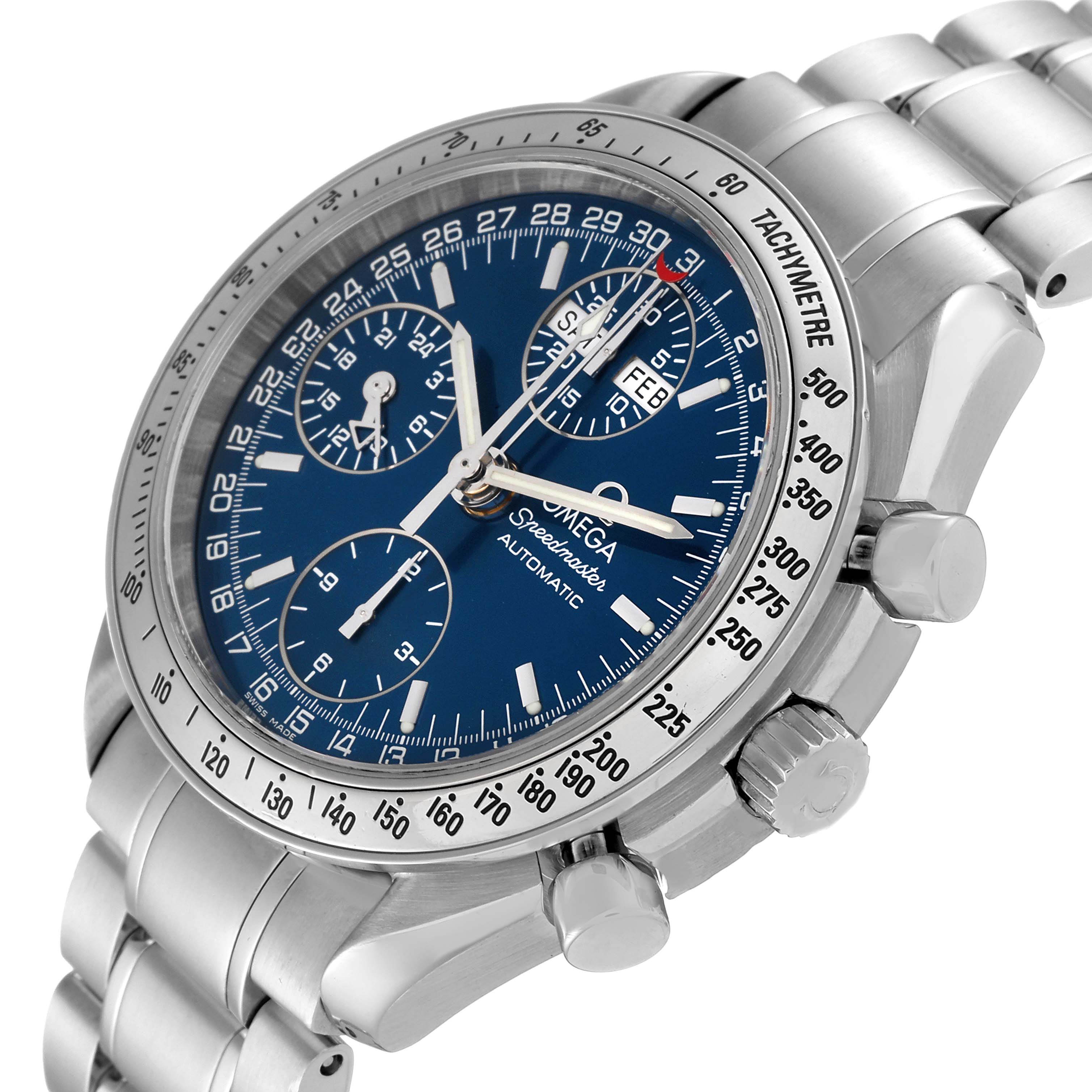 The image shows an angled view of the Omega Speedmaster 3523.80.00 Men
s Stainless Steel Blue Dial 3523.80.00 Men
s Stainless Steel Blue Dial watch, highlighting its blue dial, tachymetre bezel, and stainless steel bracelet.