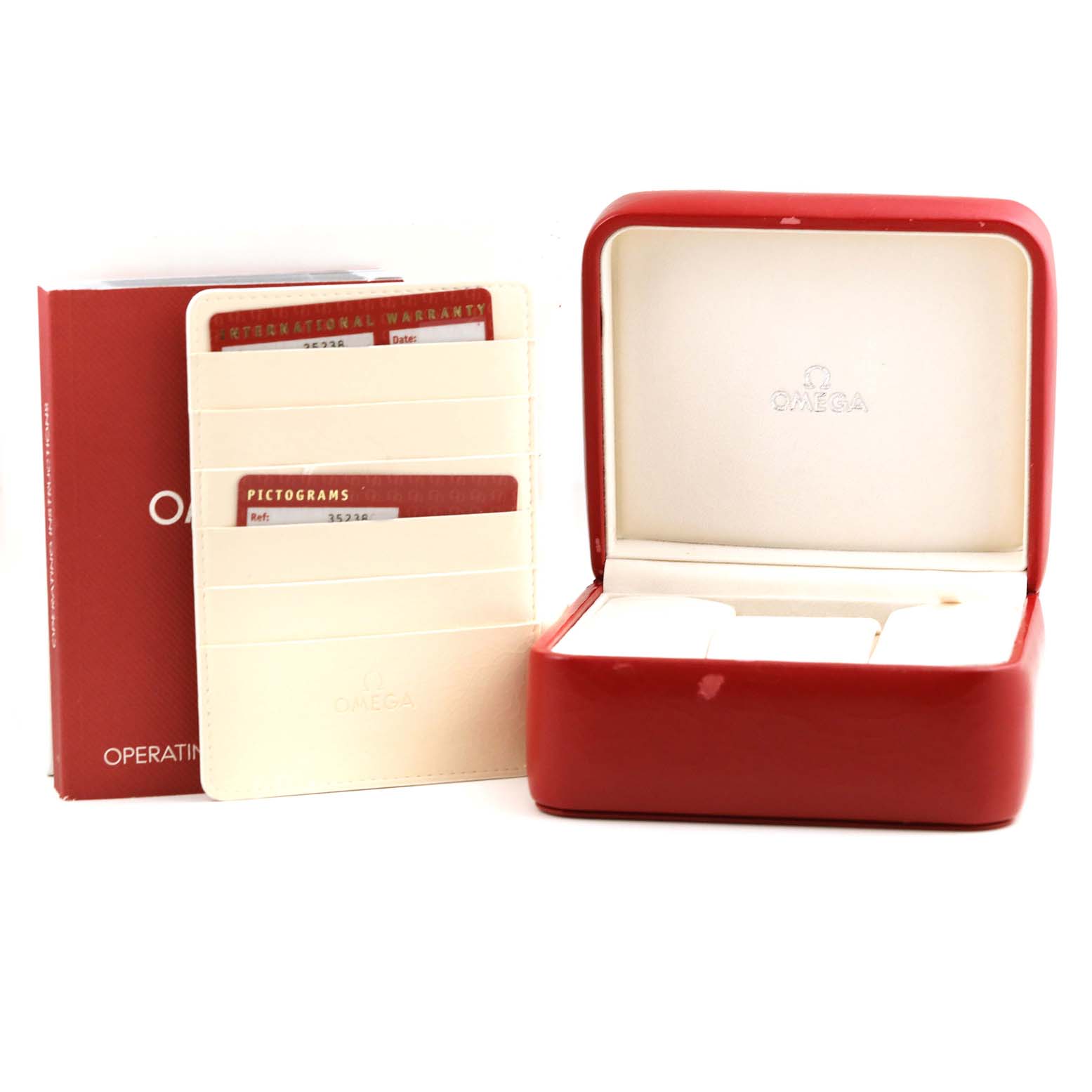 The image shows an Omega Speedmaster 3523.80.00 Men
s Stainless Steel Blue Dial 3523.80.00 Men
s Stainless Steel Blue Dial watch box, international warranty card, and user manual.