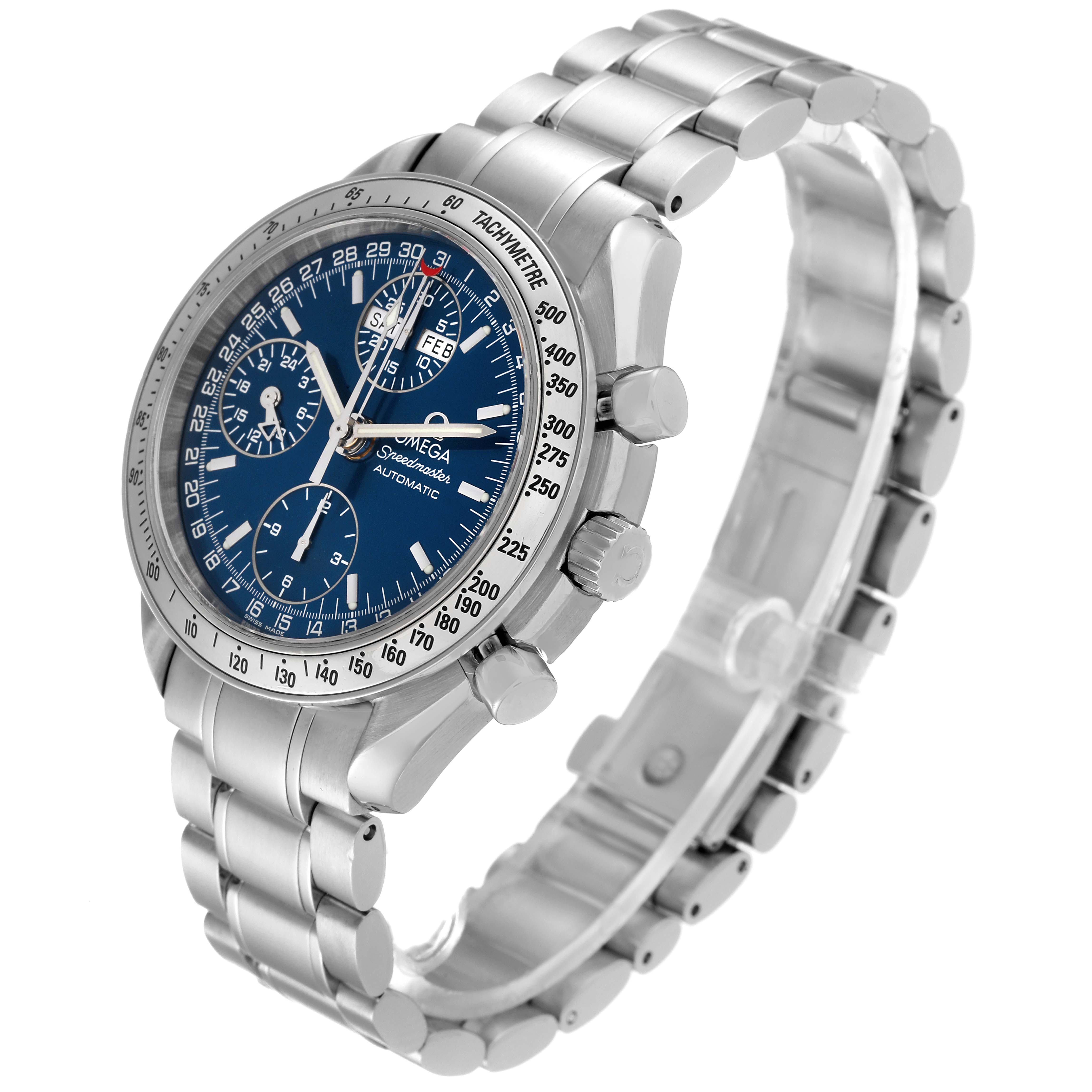 This Omega Speedmaster 3523.80.00 Men
s Stainless Steel Blue Dial 3523.80.00 Men
s Stainless Steel Blue Dial watch is shown at an angled side view, highlighting the stainless steel bracelet, case, and subdials on the face.