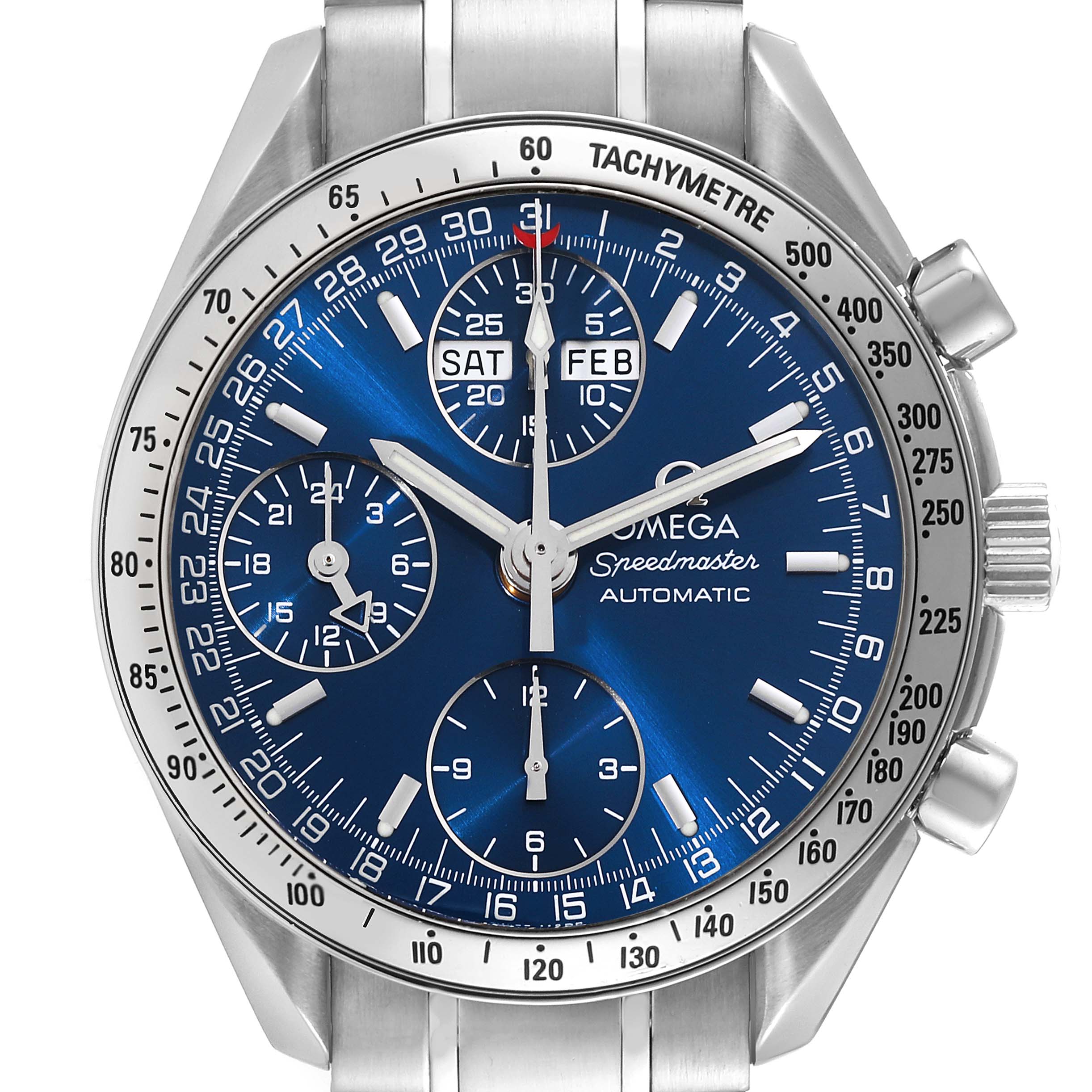 The Omega Speedmaster 3523.80.00 Men
s Stainless Steel Blue Dial 3523.80.00 Men
s Stainless Steel Blue Dial watch is shown from the front, highlighting its dial, subdials, and tachymeter bezel.