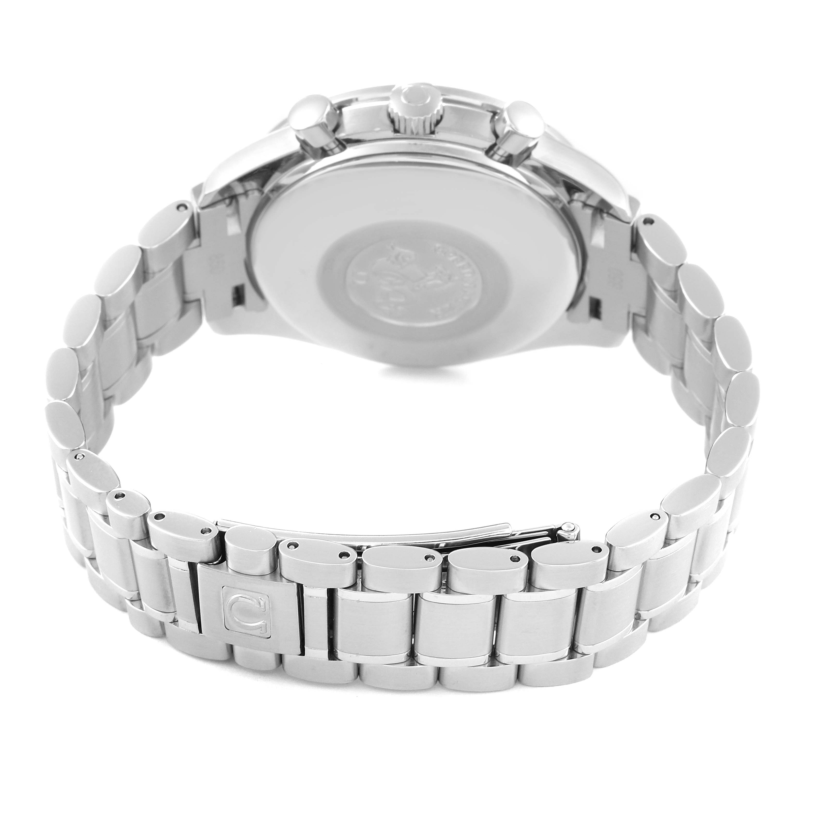 This image shows the back case and stainless steel bracelet of an Omega Speedmaster 3523.80.00 Men
s Stainless Steel Blue Dial 3523.80.00 Men
s Stainless Steel Blue Dial watch from a rear angle.