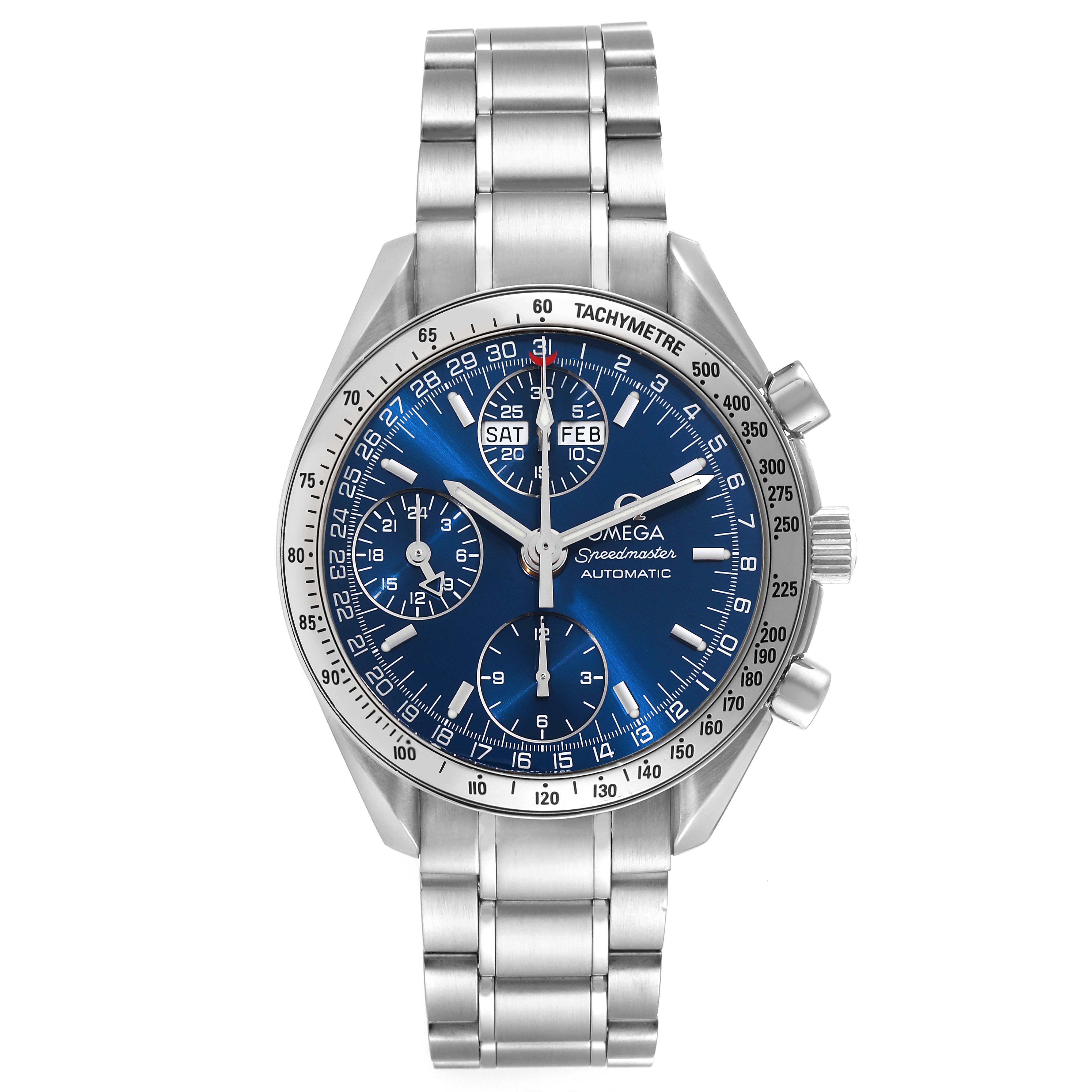 The Omega Speedmaster 3523.80.00 Men
s Stainless Steel Blue Dial 3523.80.00 Men
s Stainless Steel Blue Dial watch is shown from the front, displaying the face, tachymeter bezel, and metal bracelet.