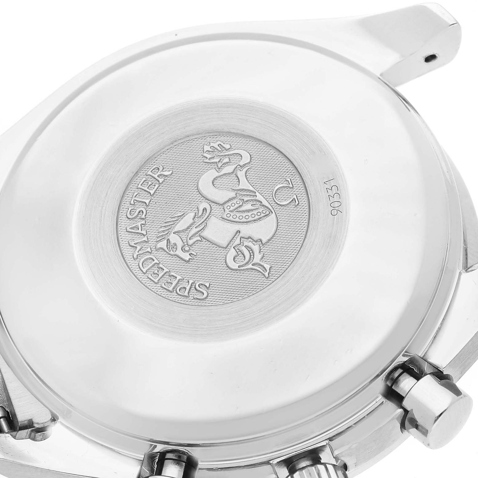 The image shows the case back of an Omega Speedmaster 3523.80.00 Men
s Stainless Steel Blue Dial 3523.80.00 Men
s Stainless Steel Blue Dial watch, revealing its engraved emblem and serial number.