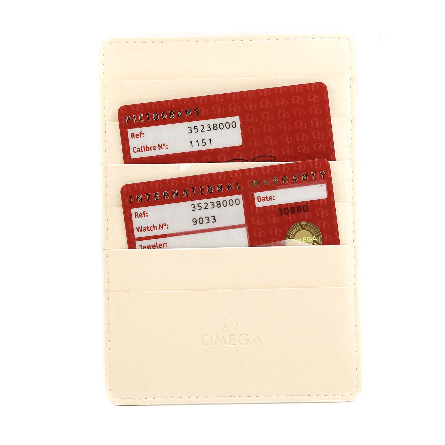 Two Omega Speedmaster 3523.80.00 Men
s Stainless Steel Blue Dial 3523.80.00 Men
s Stainless Steel Blue Dial warranty and pictogram cards in a beige leather cardholder, viewed from above.