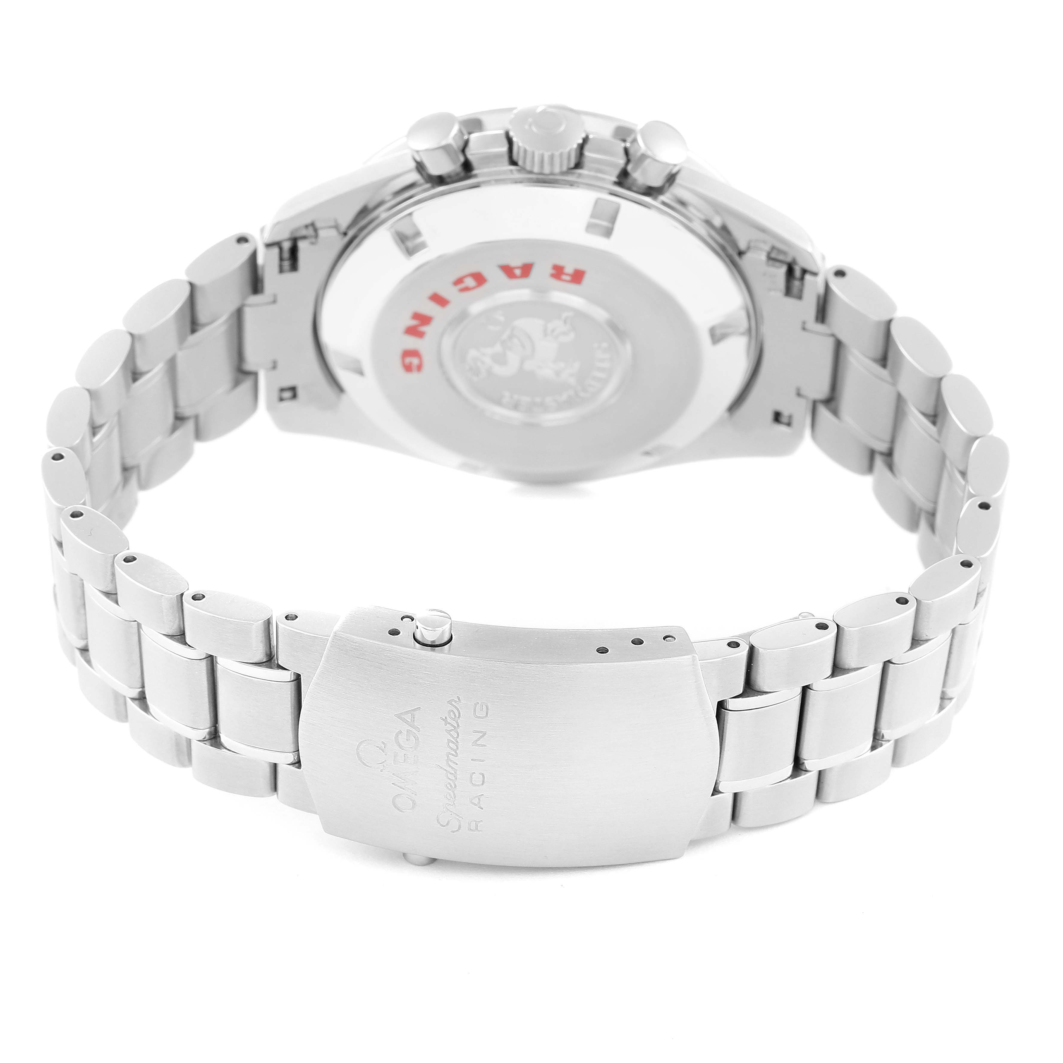 The image shows the back and clasp of an Omega Speedmaster 3552.59.00 Men
s Stainless Steel Black Dial 3552.59.00 Men
s Stainless Steel Black Dial Racing watch, featuring its stainless steel bracelet.