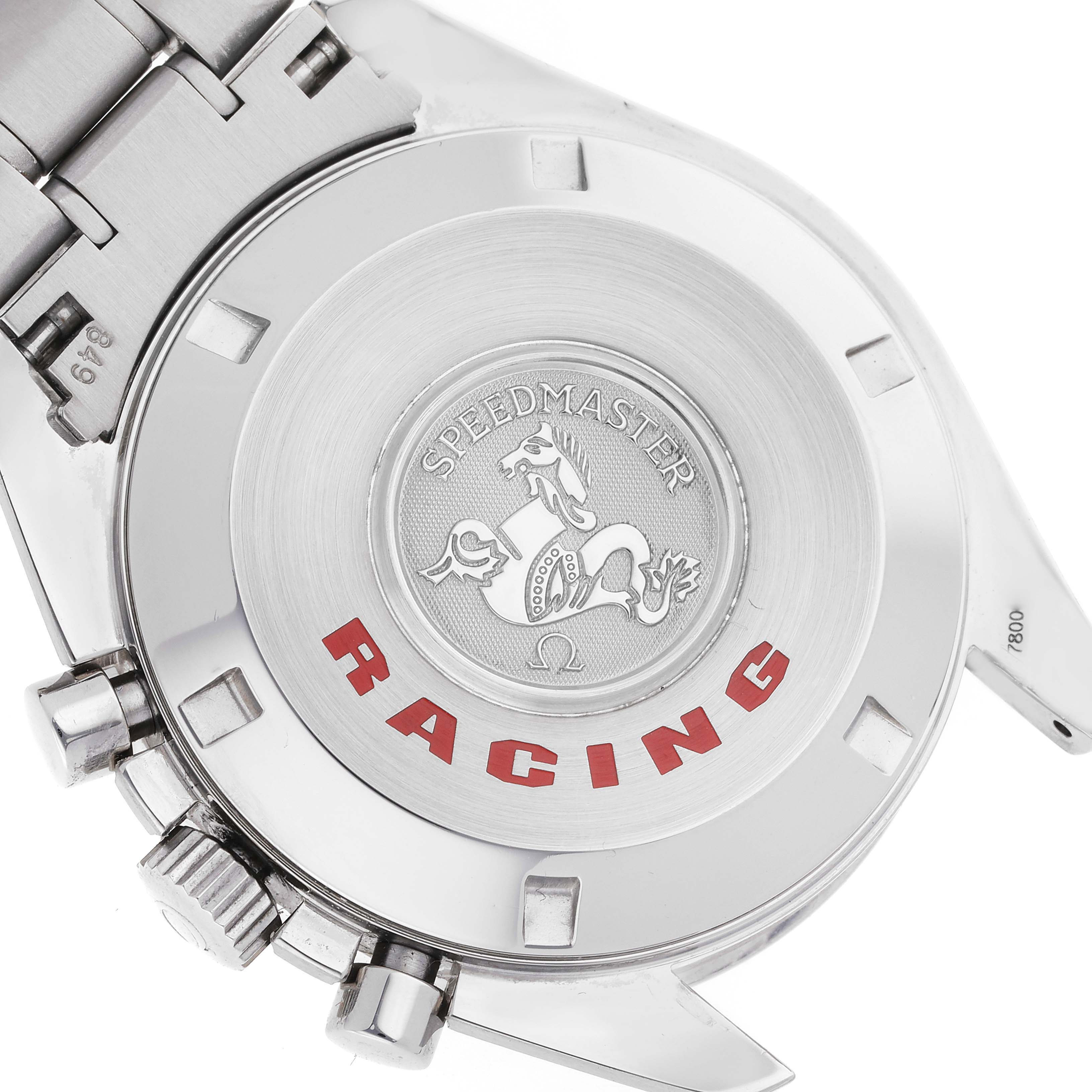 The image shows the case back of an Omega Speedmaster 3552.59.00 Men
s Stainless Steel Black Dial 3552.59.00 Men
s Stainless Steel Black Dial Racing watch, highlighting its emblem and text.