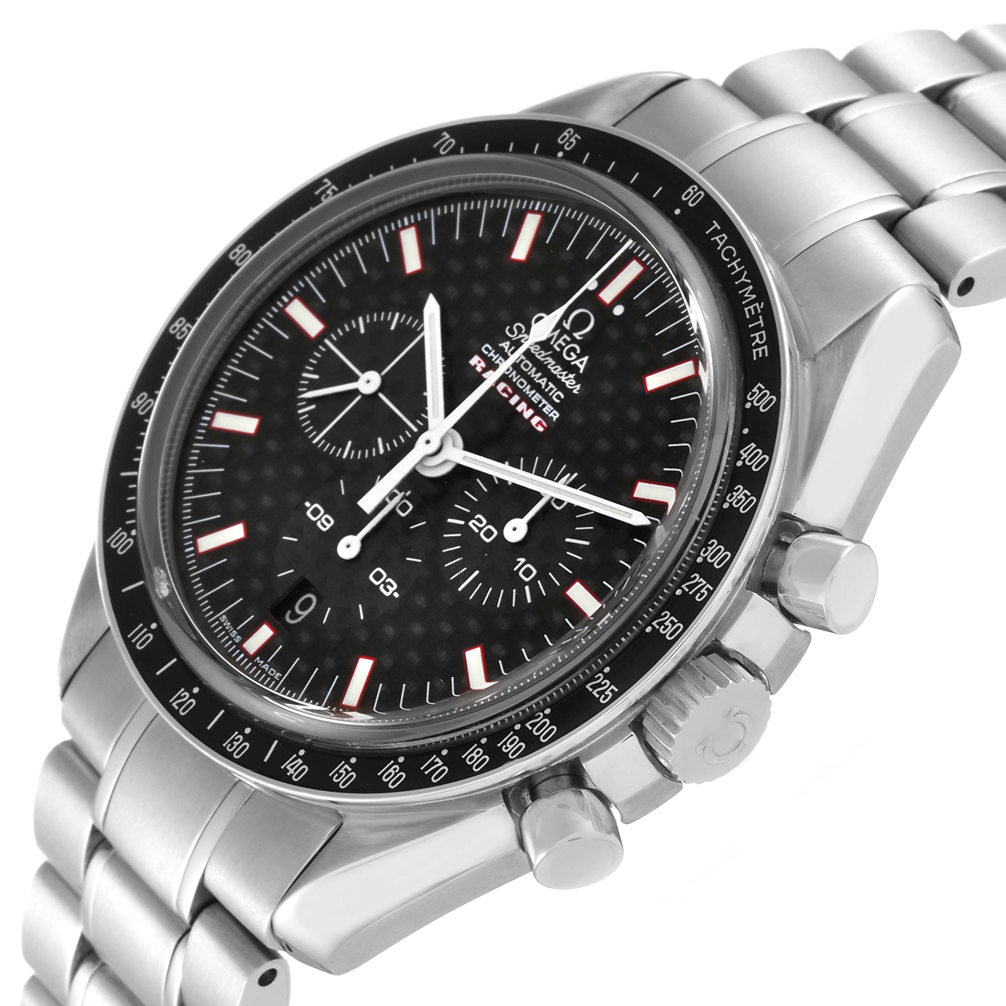 The image shows a close-up angled view of the Omega Speedmaster 3552.59.00 Men
s Stainless Steel Black Dial 3552.59.00 Men
s Stainless Steel Black Dial watch, highlighting its dial, bezel, and bracelet.