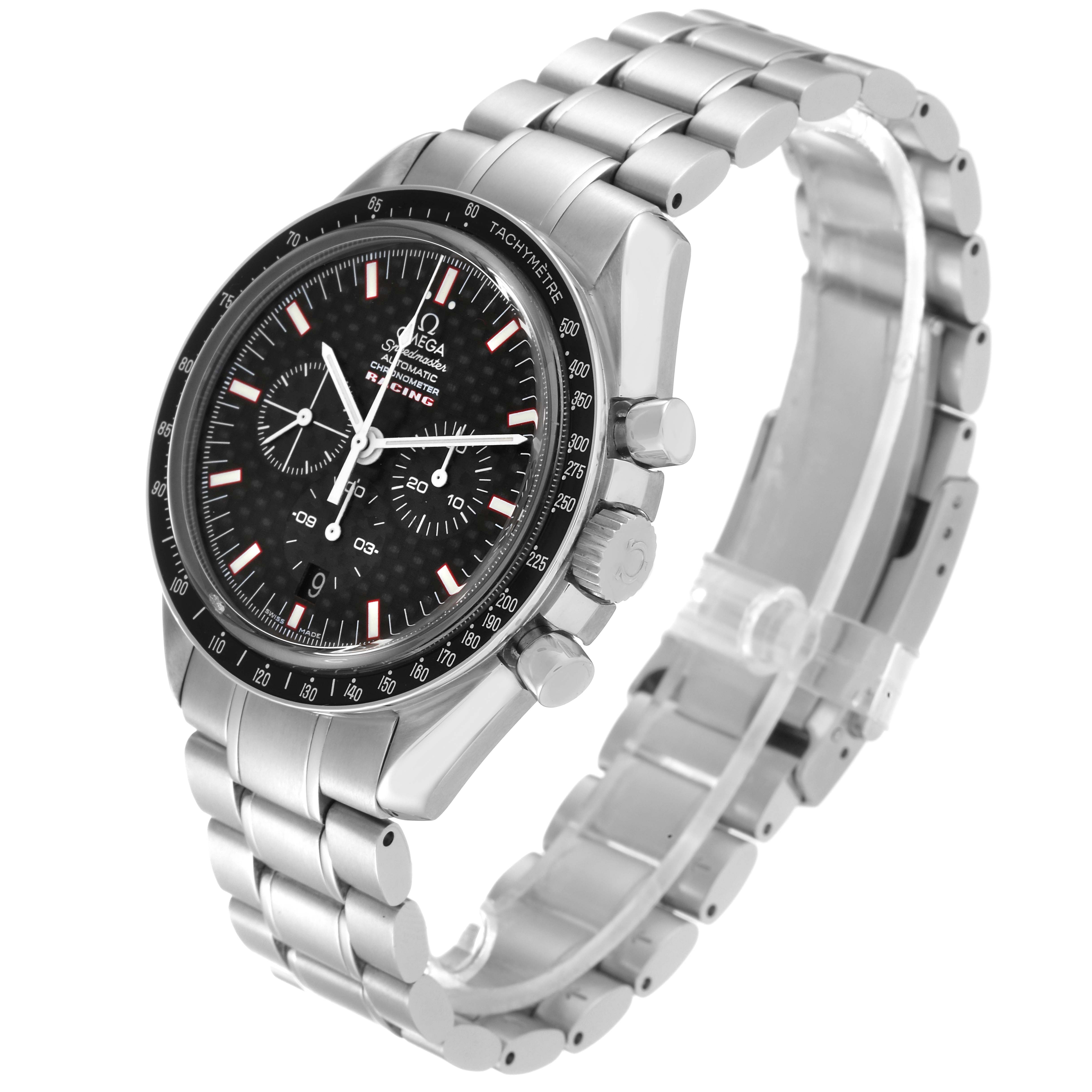 This image showcases an Omega Speedmaster 3552.59.00 Men
s Stainless Steel Black Dial 3552.59.00 Men
s Stainless Steel Black Dial watch at a three-quarter angle, highlighting its face, bezel, and stainless steel bracelet.