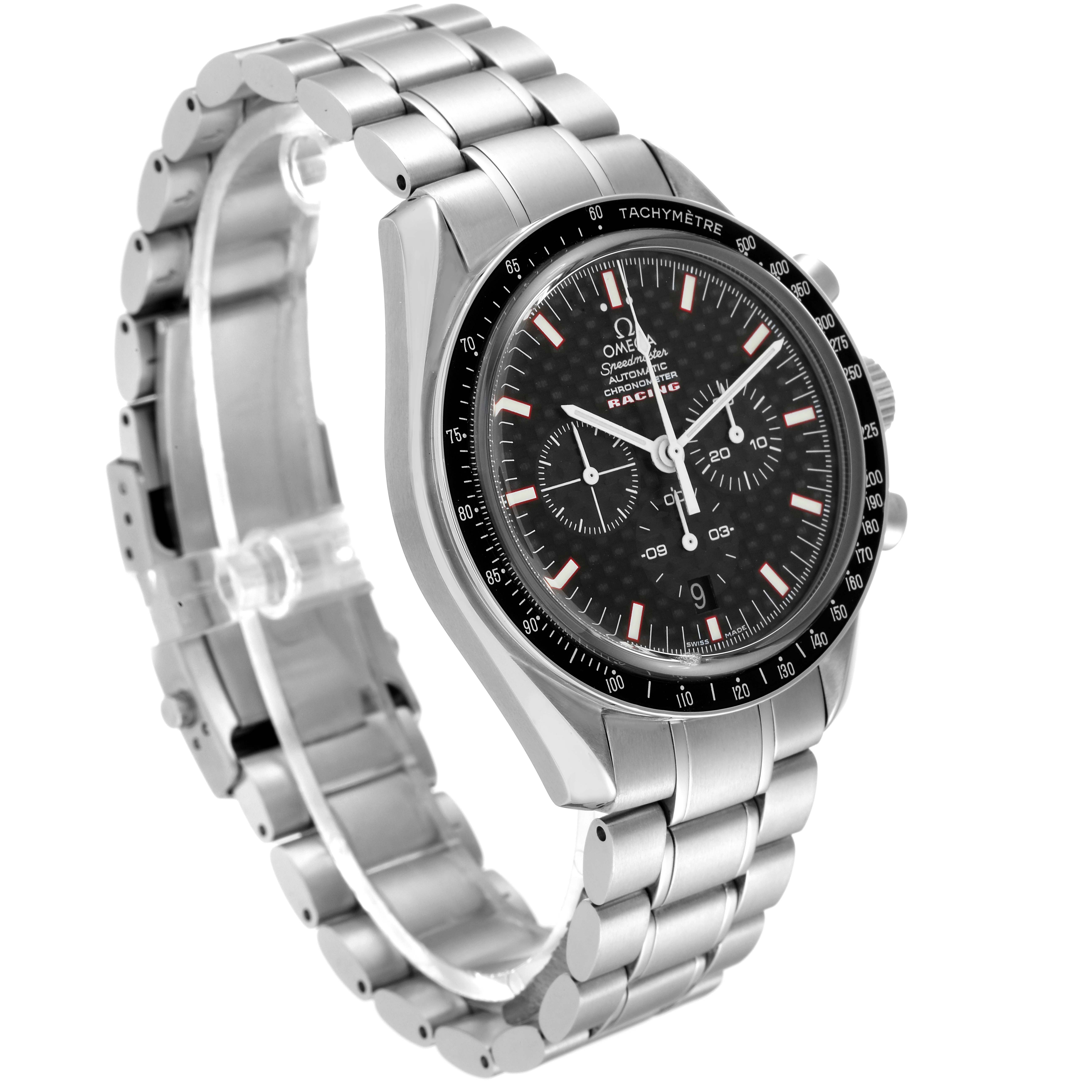 The Omega Speedmaster 3552.59.00 Men
s Stainless Steel Black Dial 3552.59.00 Men
s Stainless Steel Black Dial watch is shown at a slight angle, displaying its bracelet, chronograph dial, and tachymeter bezel.