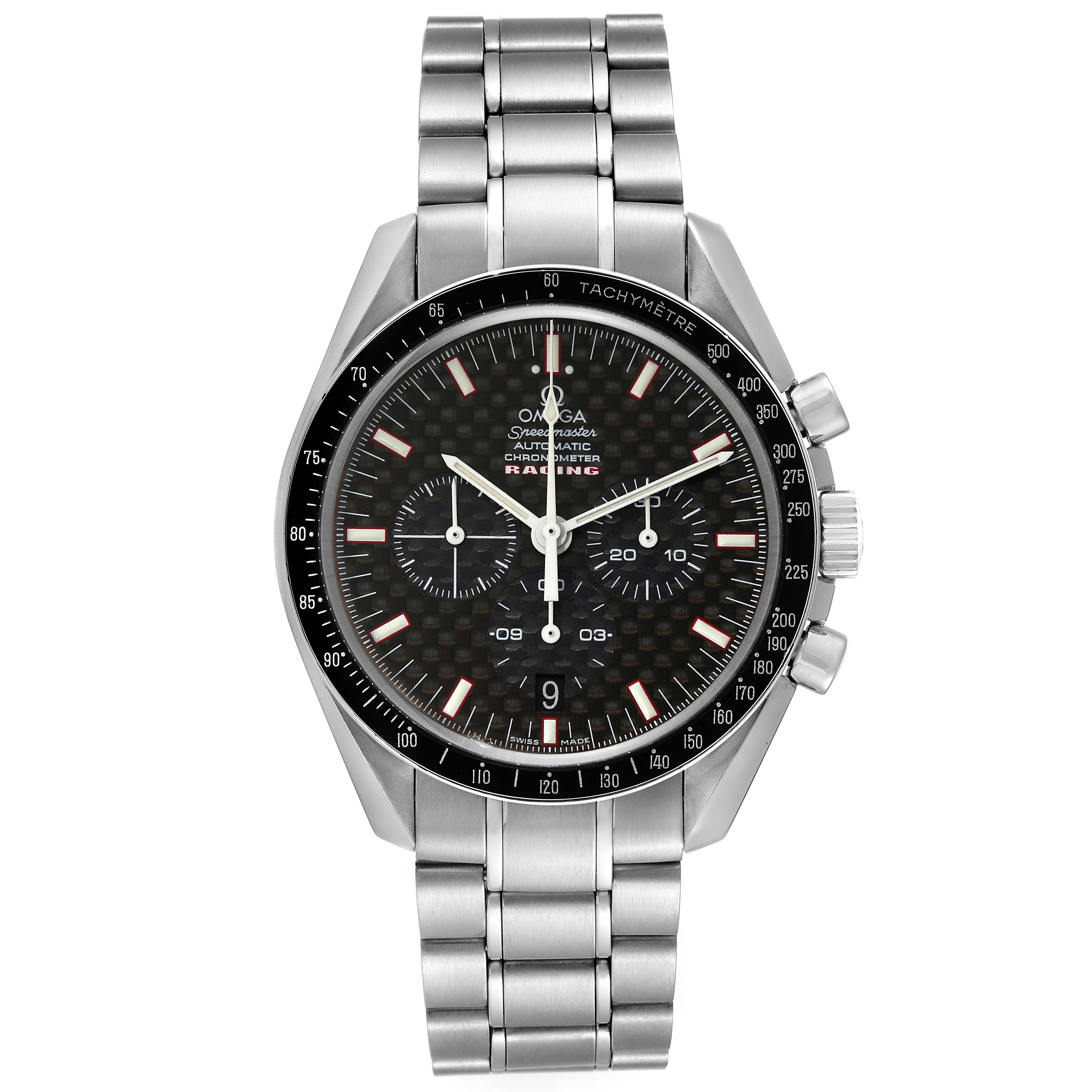 The image shows a front view of an Omega Speedmaster 3552.59.00 Men
s Stainless Steel Black Dial 3552.59.00 Men
s Stainless Steel Black Dial watch featuring its dial, bezel, buttons, and metal bracelet.