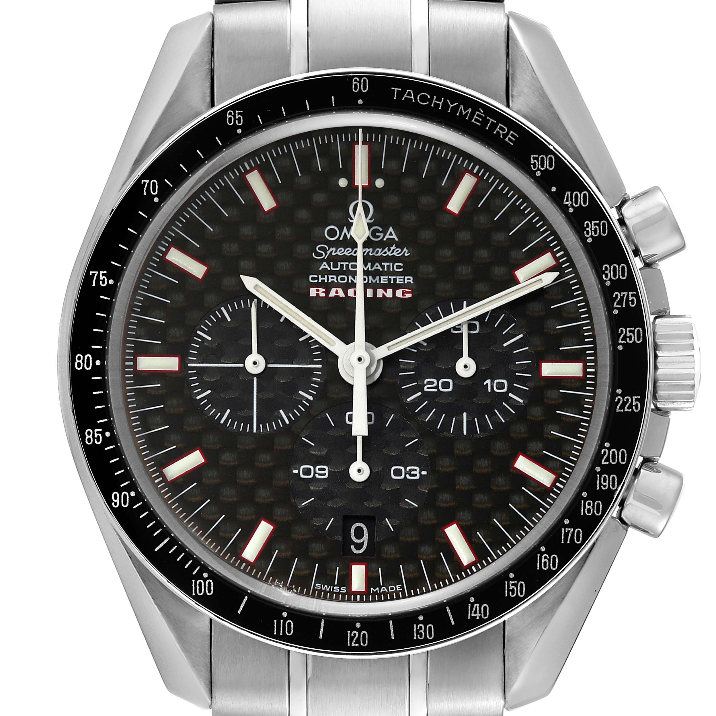 This Omega Speedmaster 3552.59.00 Men
s Stainless Steel Black Dial 3552.59.00 Men
s Stainless Steel Black Dial watch is shown from a front angle, displaying the dial and tachymeter bezel clearly.
