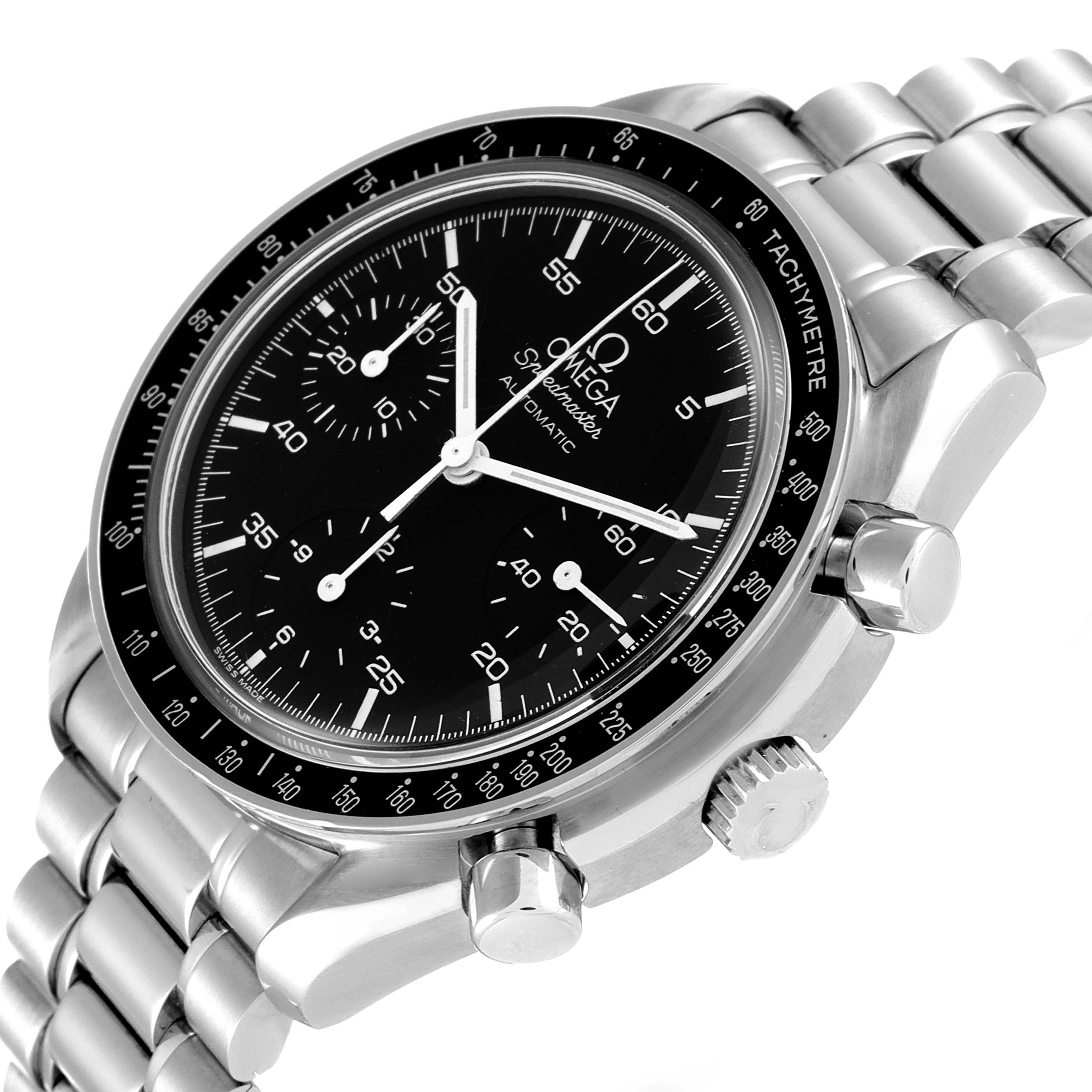 The Omega Speedmaster 3510.50.00 Men
s Stainless Steel Black Dial 3510.50.00 Men
s Stainless Steel Black Dial watch is shown at a three-quarter angle, highlighting the face, bezel, crown, push buttons, and part of the stainless steel bracelet.