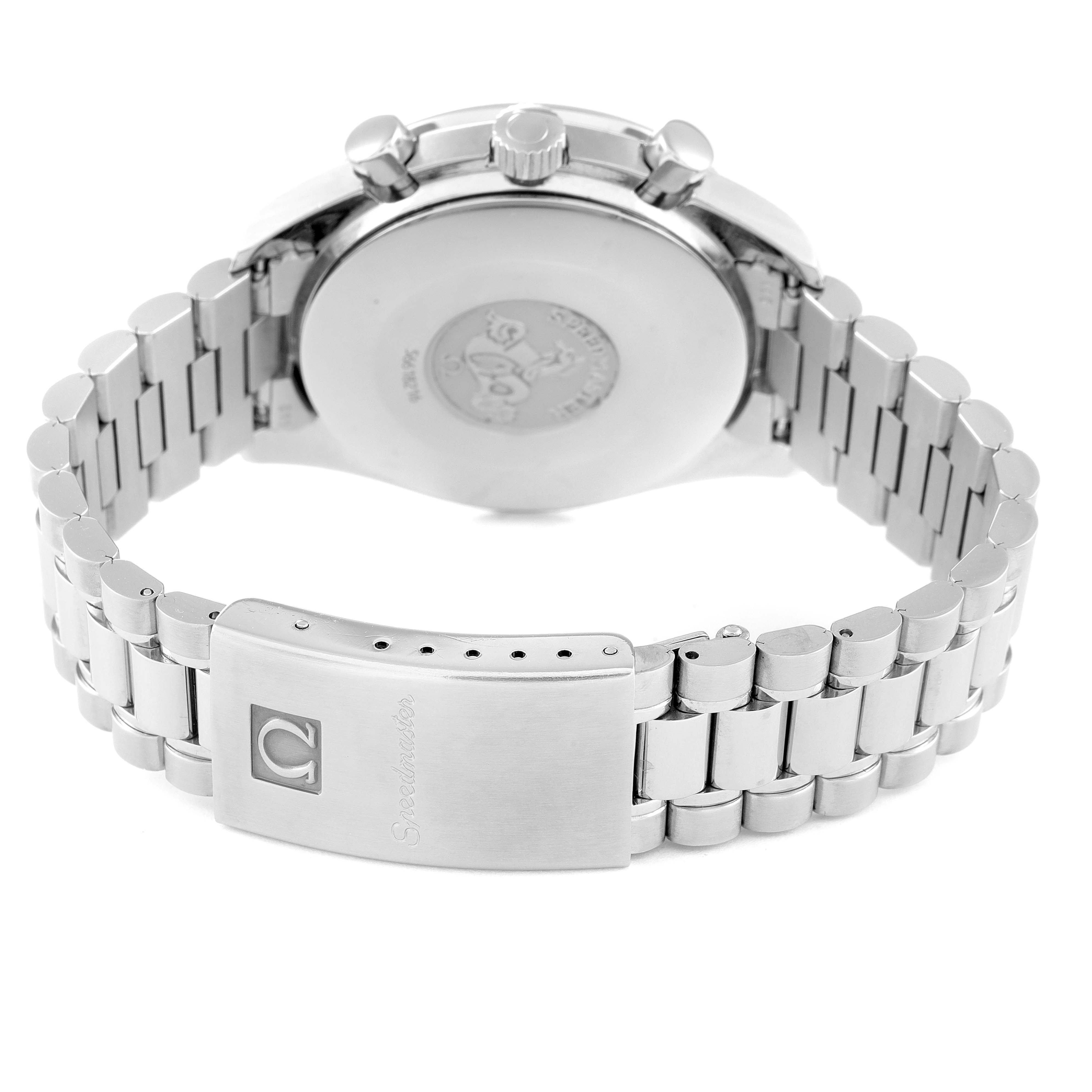 The image shows the back and clasp of an Omega Speedmaster 3510.50.00 Men
s Stainless Steel Black Dial 3510.50.00 Men
s Stainless Steel Black Dial watch viewed from a rear angle.