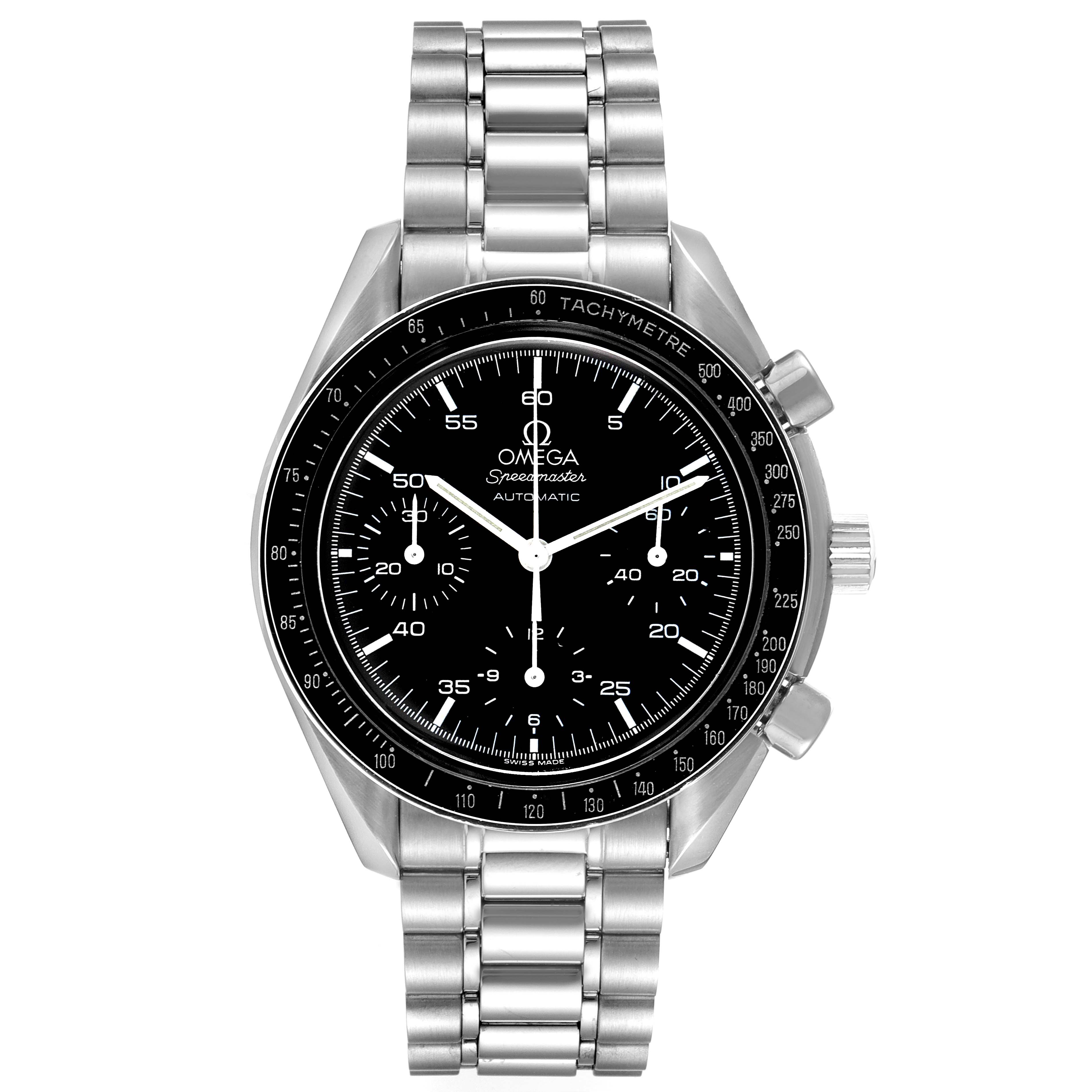 This image shows the front view of an Omega Speedmaster 3510.50.00 Men
s Stainless Steel Black Dial 3510.50.00 Men
s Stainless Steel Black Dial watch, highlighting its face, bezel, and stainless steel bracelet.