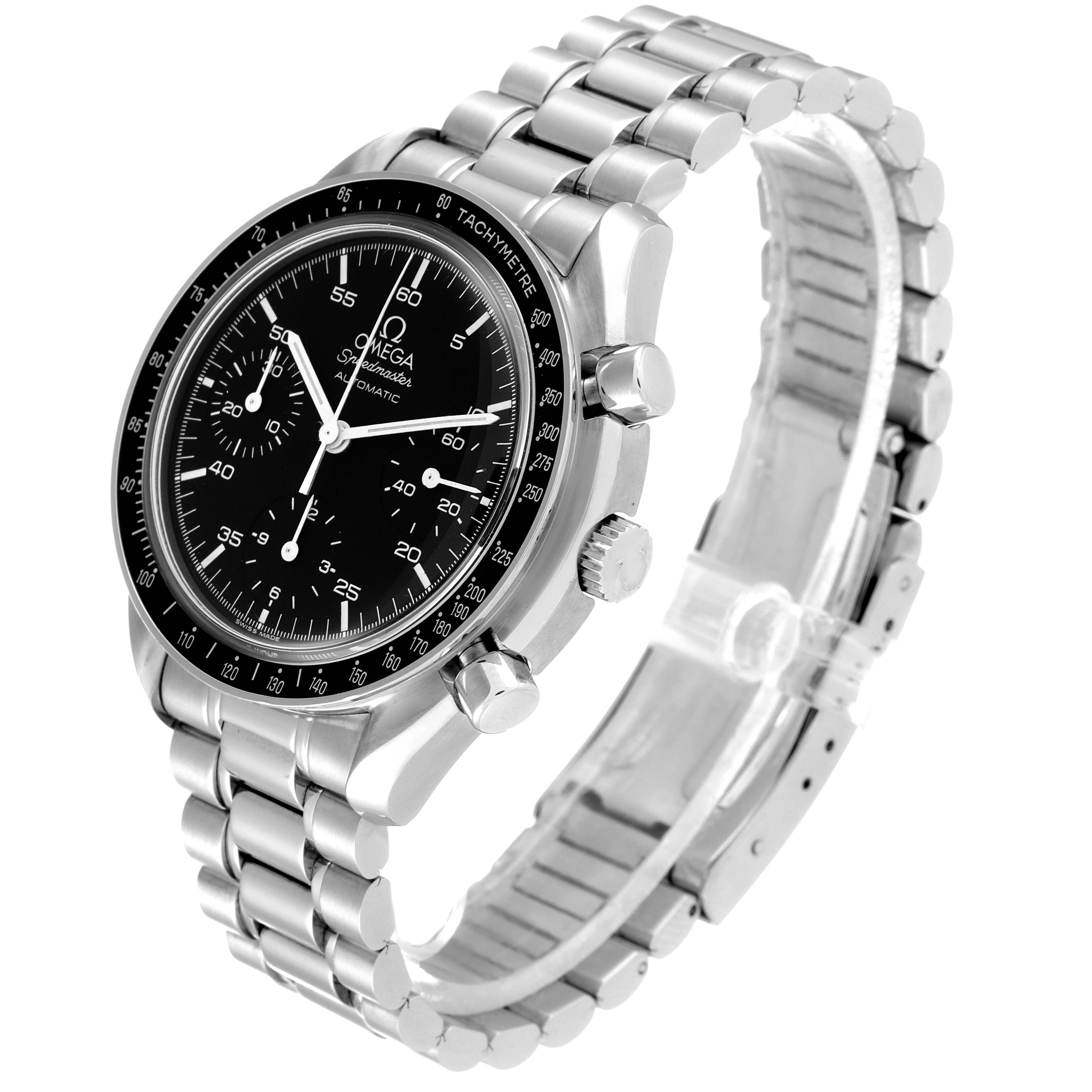 The Omega Speedmaster 3510.50.00 Men
s Stainless Steel Black Dial 3510.50.00 Men
s Stainless Steel Black Dial watch is shown at a slight angle, displaying the face, bezel, pushers, crown, and metal bracelet.