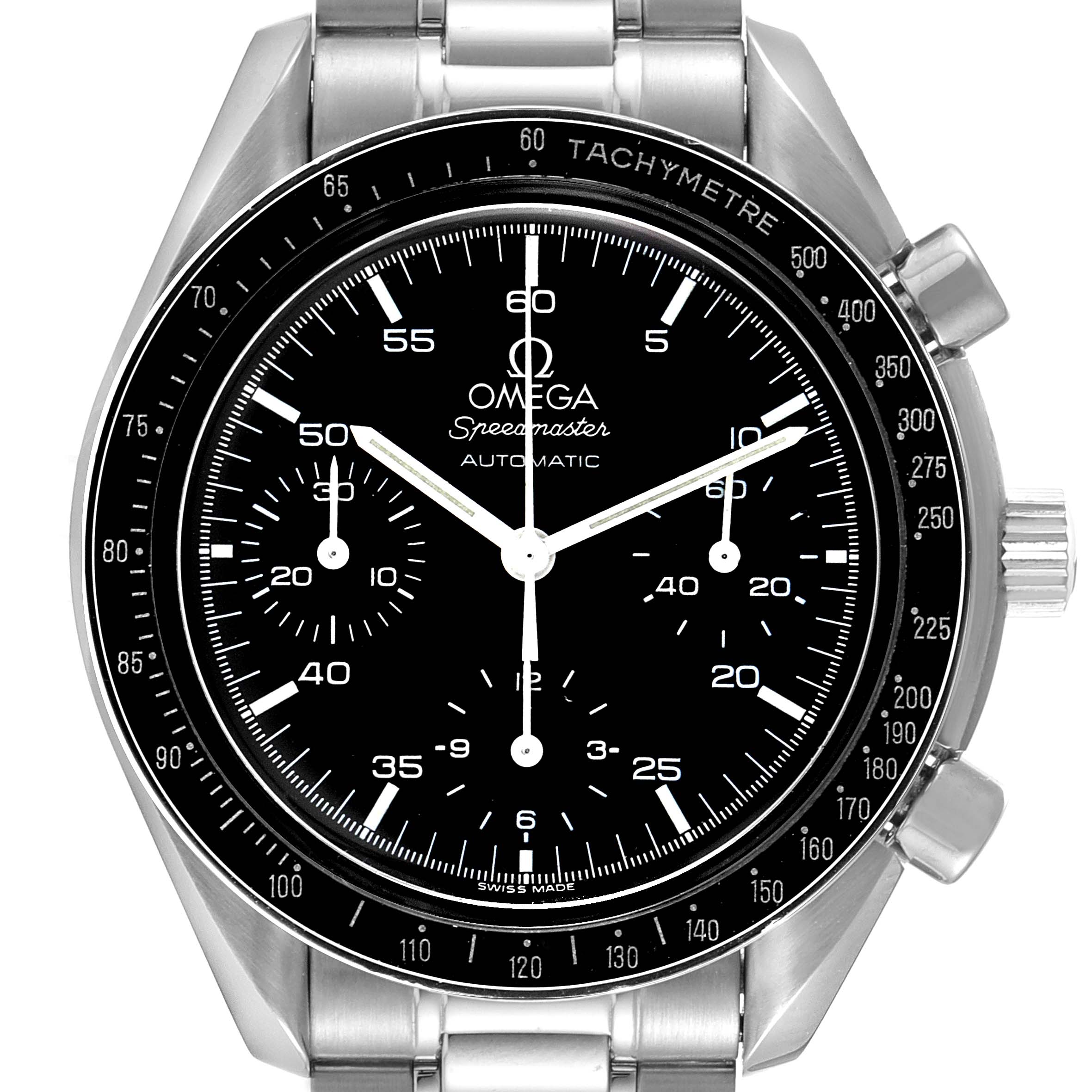 This image shows a front-facing view of the Omega Speedmaster 3510.50.00 Men
s Stainless Steel Black Dial 3510.50.00 Men
s Stainless Steel Black Dial watch, highlighting its dial, bezel, and bracelet.