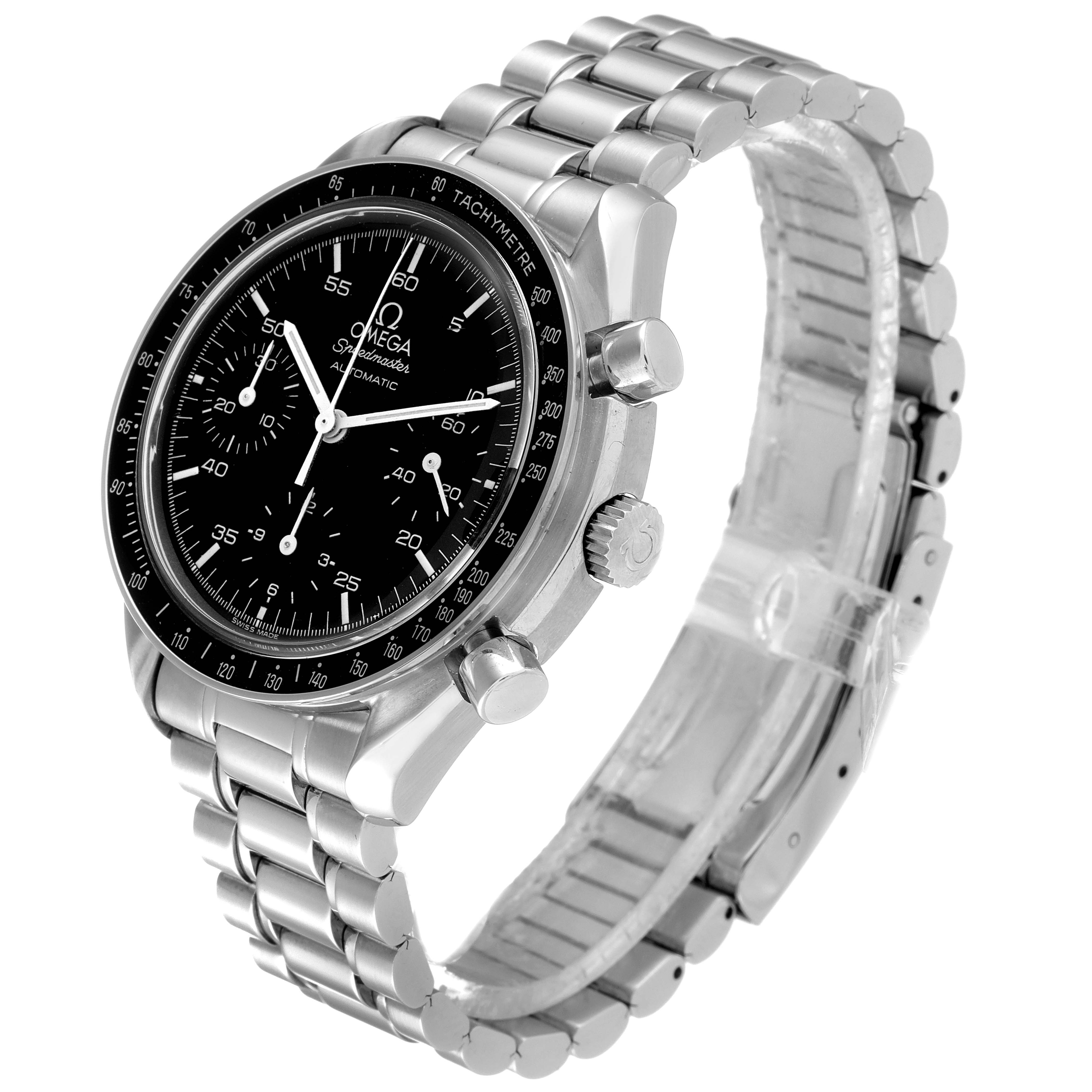 The Omega Speedmaster 3510.50.00 Men
s Stainless Steel Black Dial 3510.50.00 Men
s Stainless Steel Black Dial watch is shown at a slight angle, highlighting the dial, crown, pushers, and stainless steel bracelet.