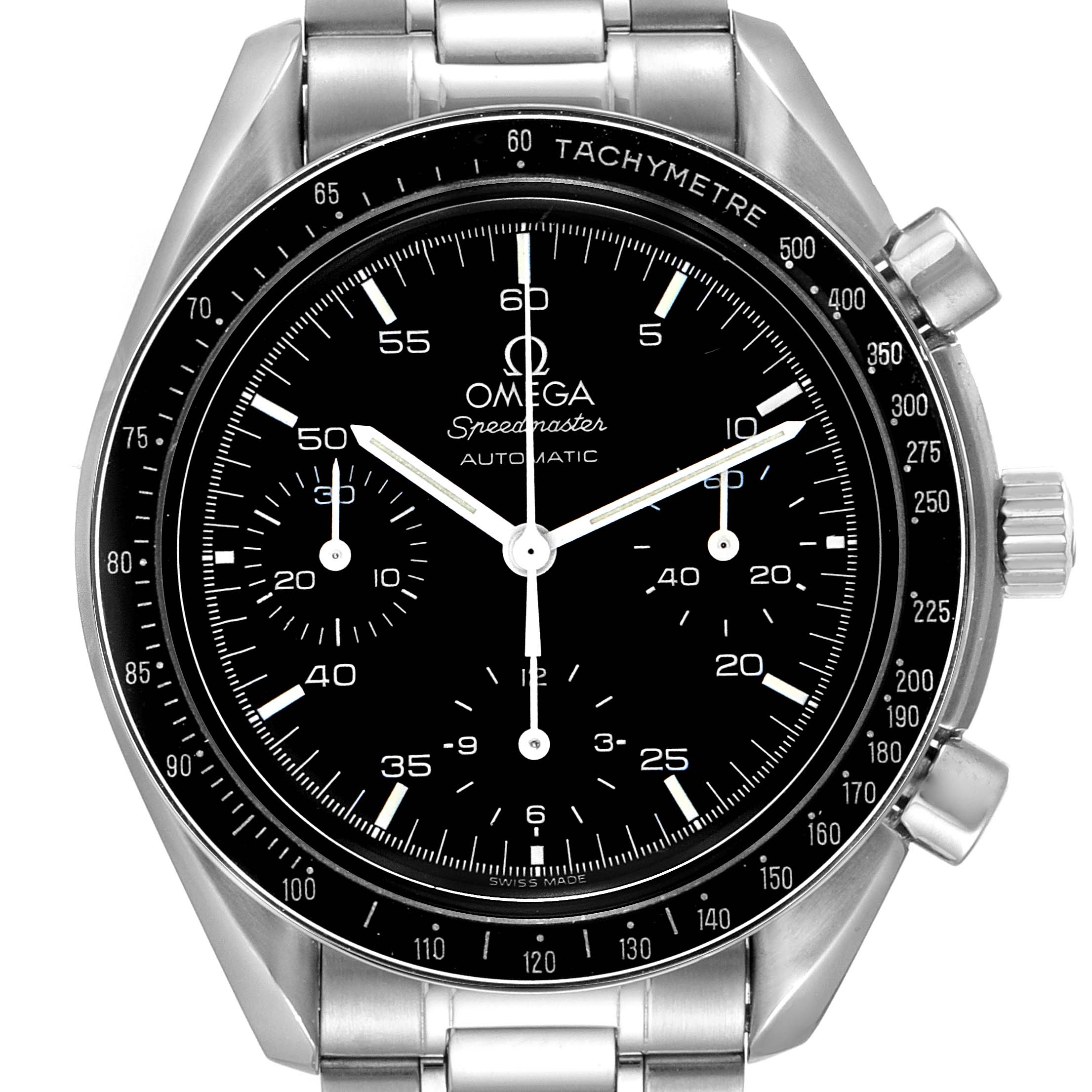 The Omega Speedmaster 3510.50.00 Men
s Stainless Steel Black Dial 3510.50.00 Men
s Stainless Steel Black Dial watch is shown from a front angle, highlighting its black dial, tachymetre, subdials, and stainless steel bracelet.