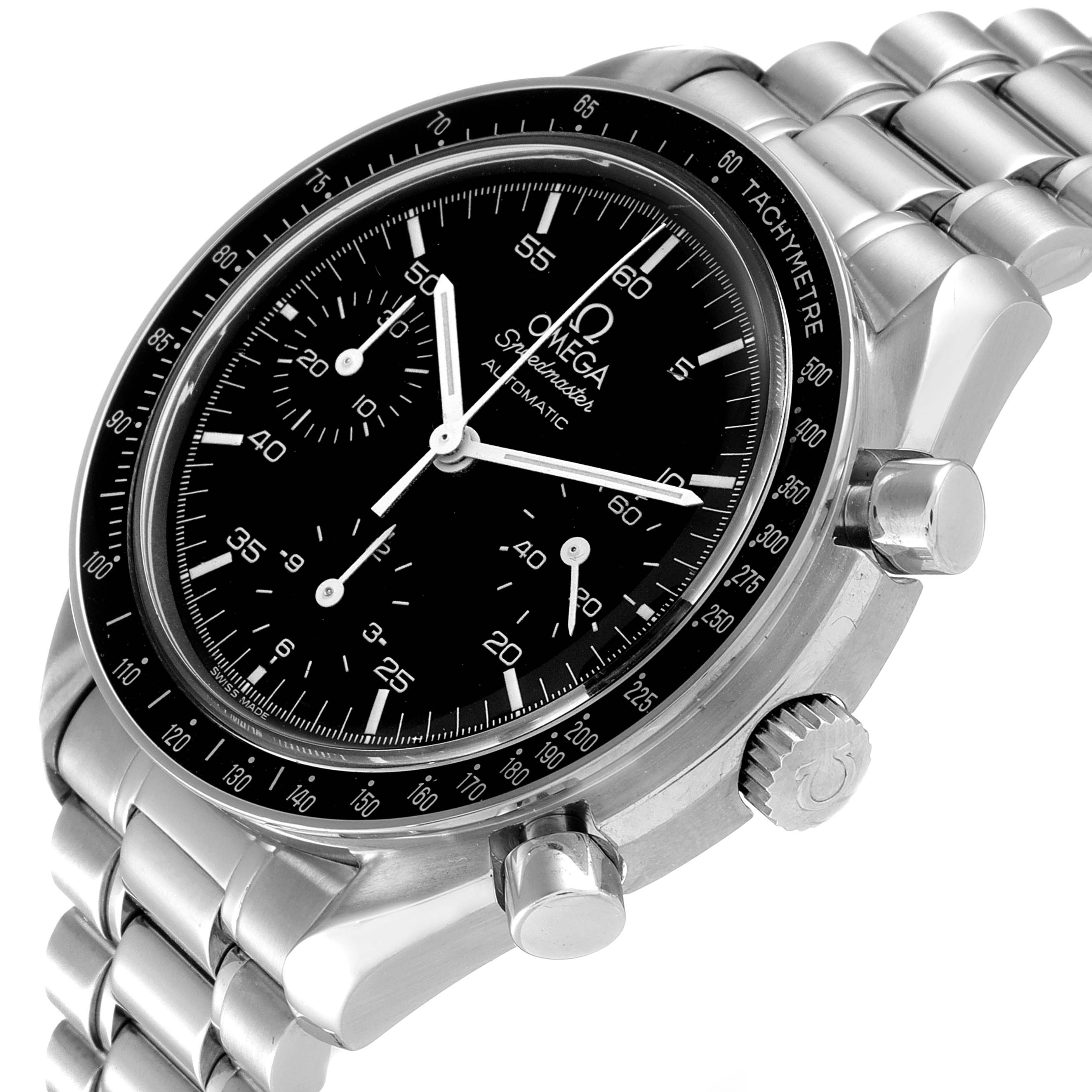 This image shows a close-up of the Omega Speedmaster 3510.50.00 Men
s Stainless Steel Black Dial 3510.50.00 Men
s Stainless Steel Black Dial watch, highlighting the black dial, tachymeter bezel, and stainless steel bracelet from an angled side view.