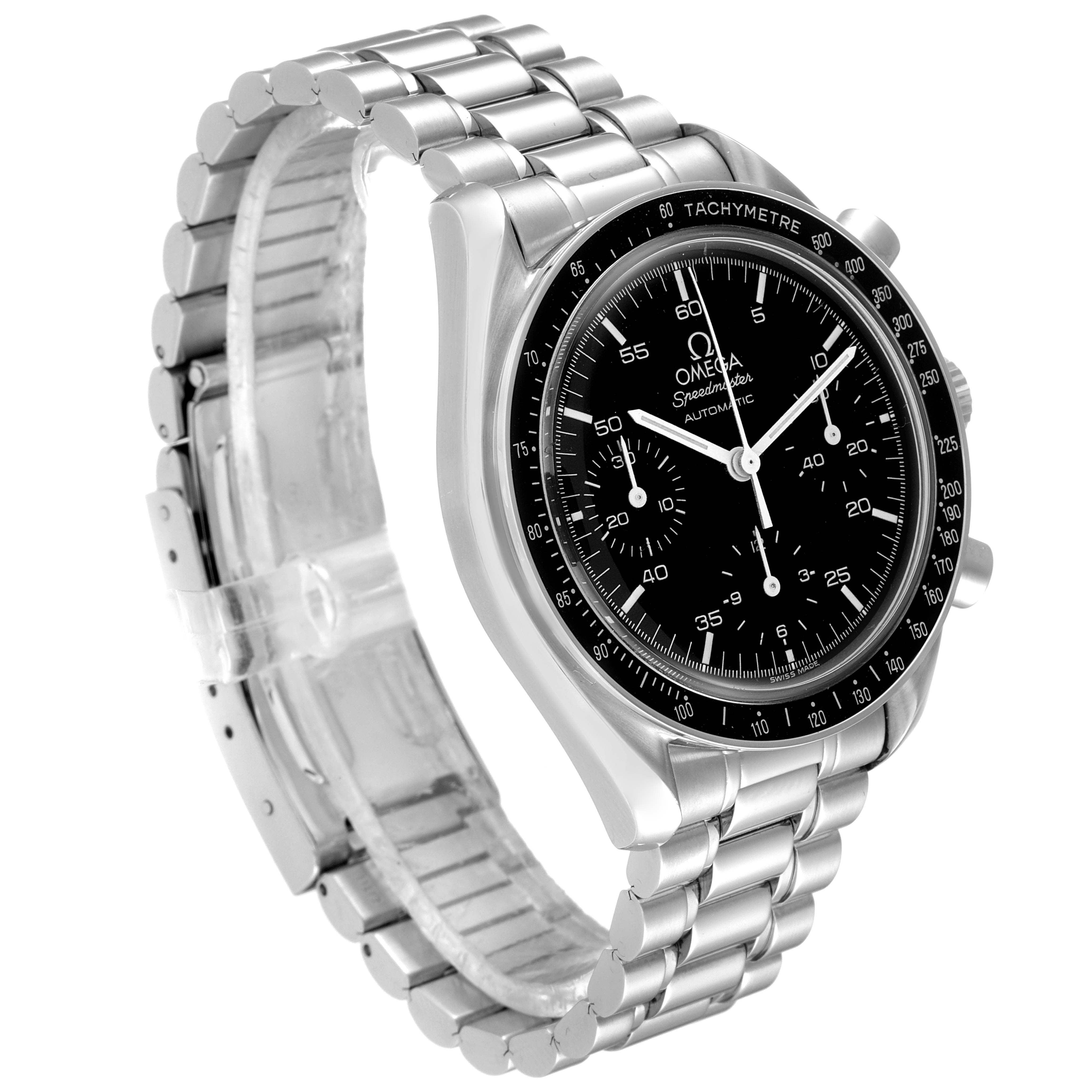 The Omega Speedmaster 3510.50.00 Men
s Stainless Steel Black Dial 3510.50.00 Men
s Stainless Steel Black Dial watch is angled to show the front dial and left side of the case and bracelet.