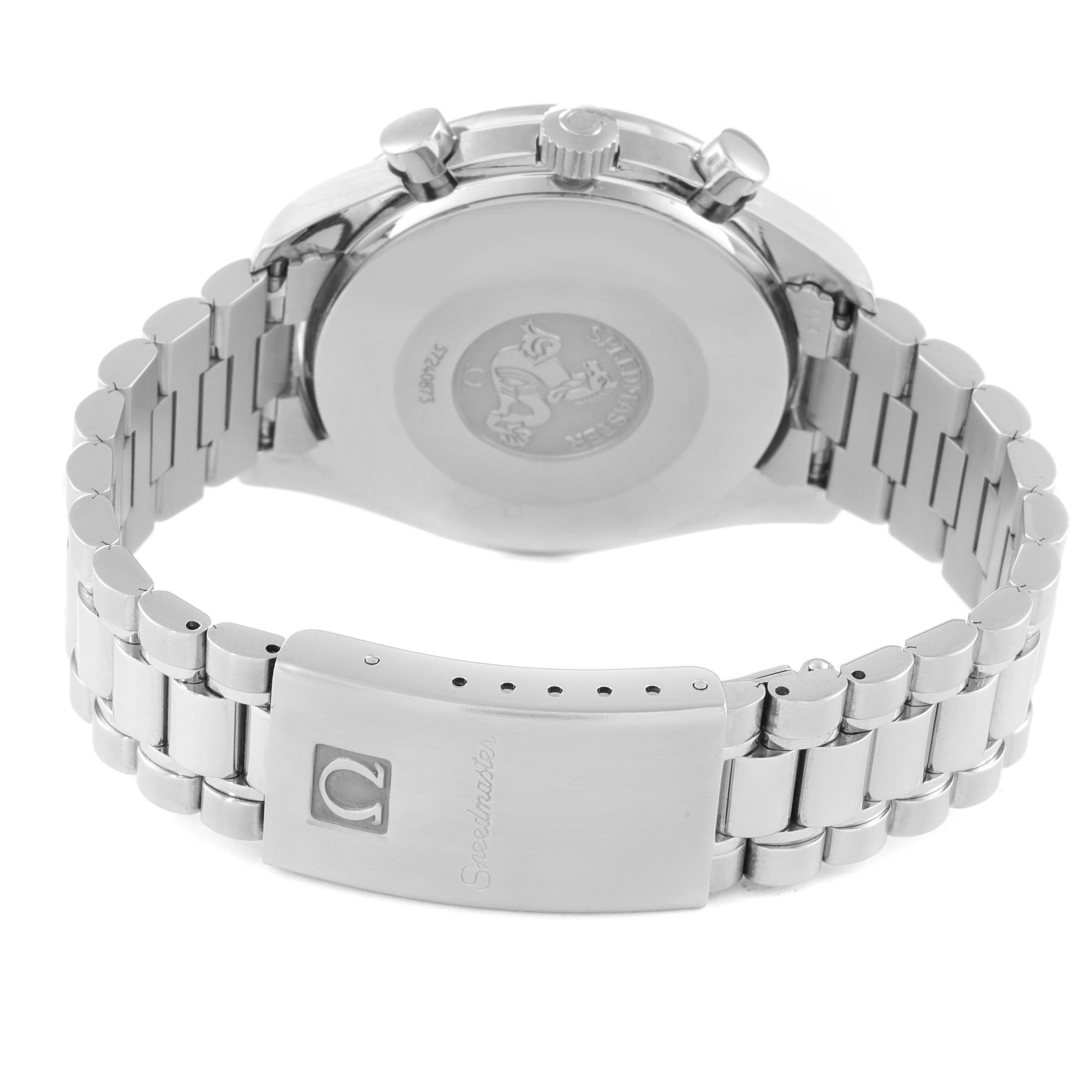 The image shows the backside, bracelet, and clasp of the Omega Speedmaster 3510.50.00 Men
s Stainless Steel Black Dial 3510.50.00 Men
s Stainless Steel Black Dial watch.