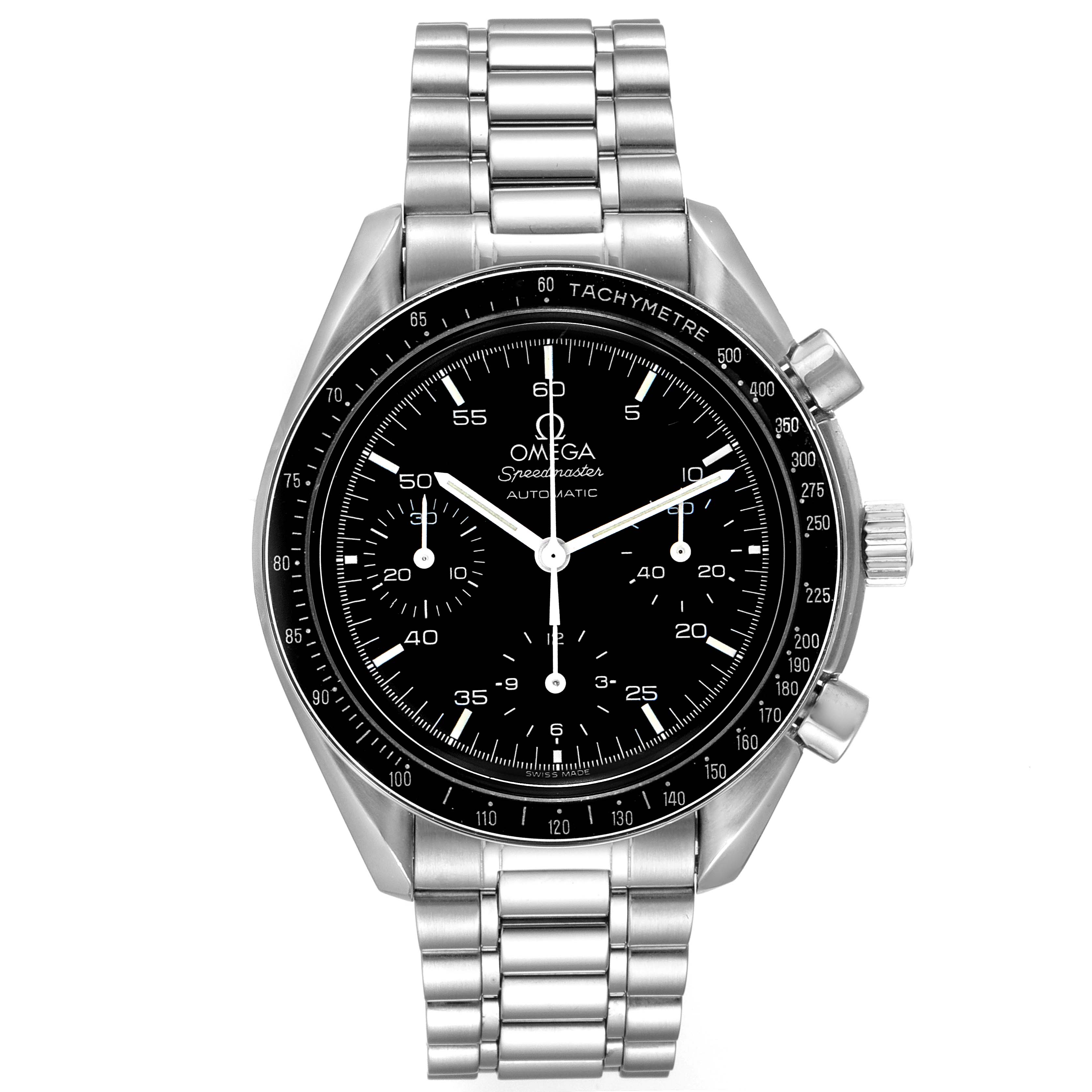 The image shows the front view of an Omega Speedmaster 3510.50.00 Men
s Stainless Steel Black Dial 3510.50.00 Men
s Stainless Steel Black Dial watch, highlighting the dial, bezel, pushers, and stainless steel bracelet.