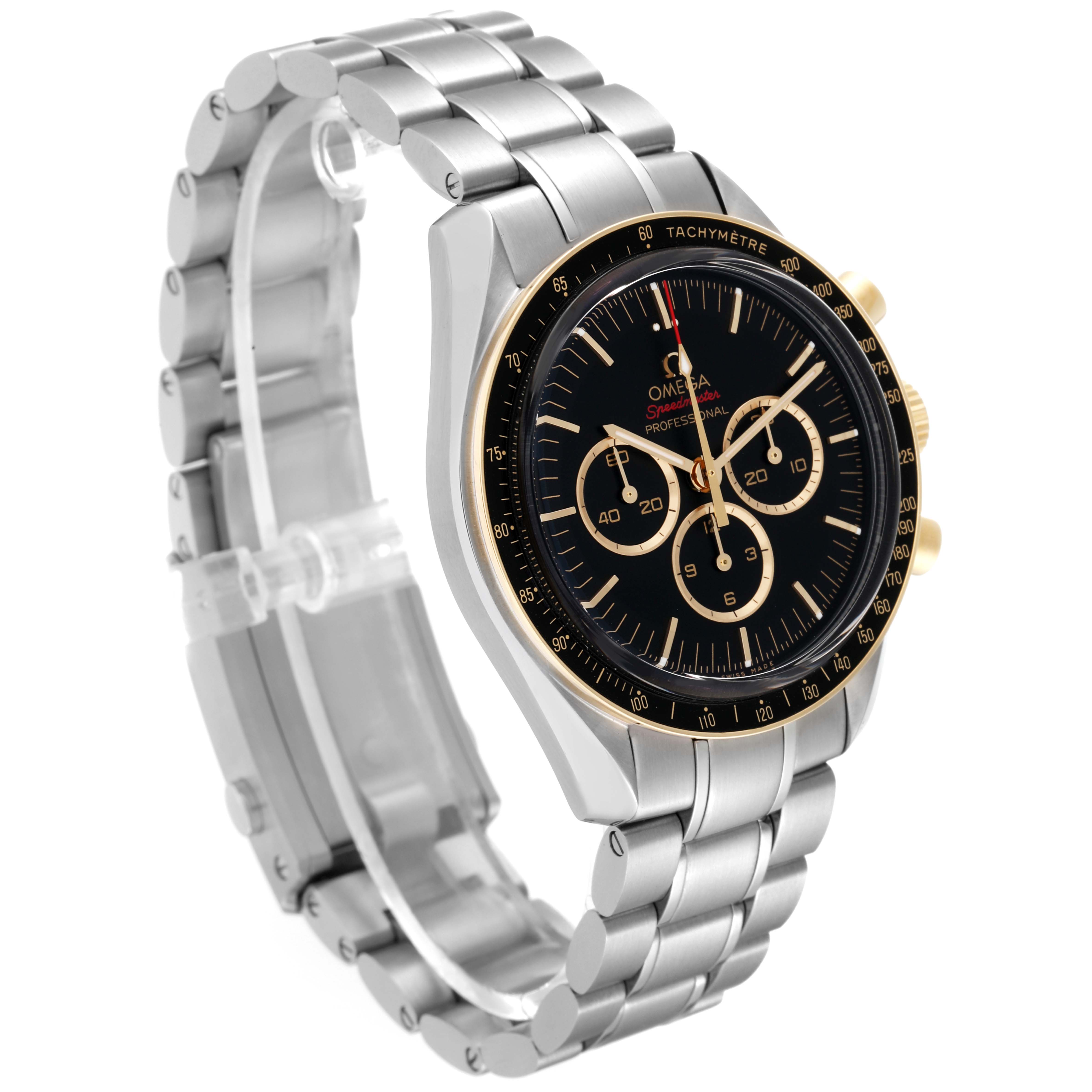 This image shows an Omega Speedmaster 522.20.42.30.01.001 Men's Stainless Steel Black Dial 522.20.42.30.01.001 Men's Stainless Steel Black Dial watch from a front-left angle highlighting its face, bezel, and stainless steel bracelet.