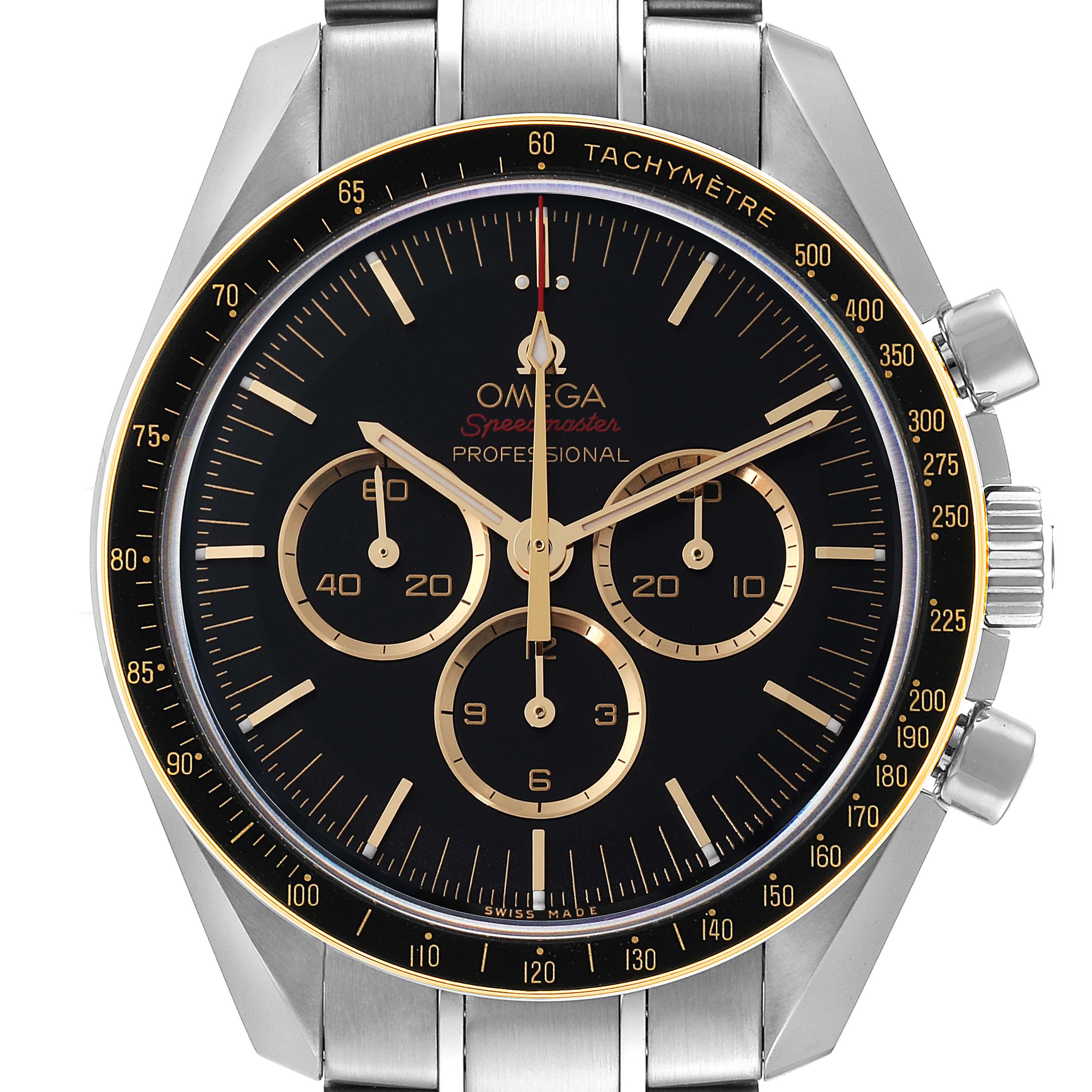 This is a front view of the Omega Speedmaster 522.20.42.30.01.001 Men's Stainless Steel Black Dial 522.20.42.30.01.001 Men's Stainless Steel Black Dial, showing the dial, bezel, tachymeter, and part of the bracelet.
