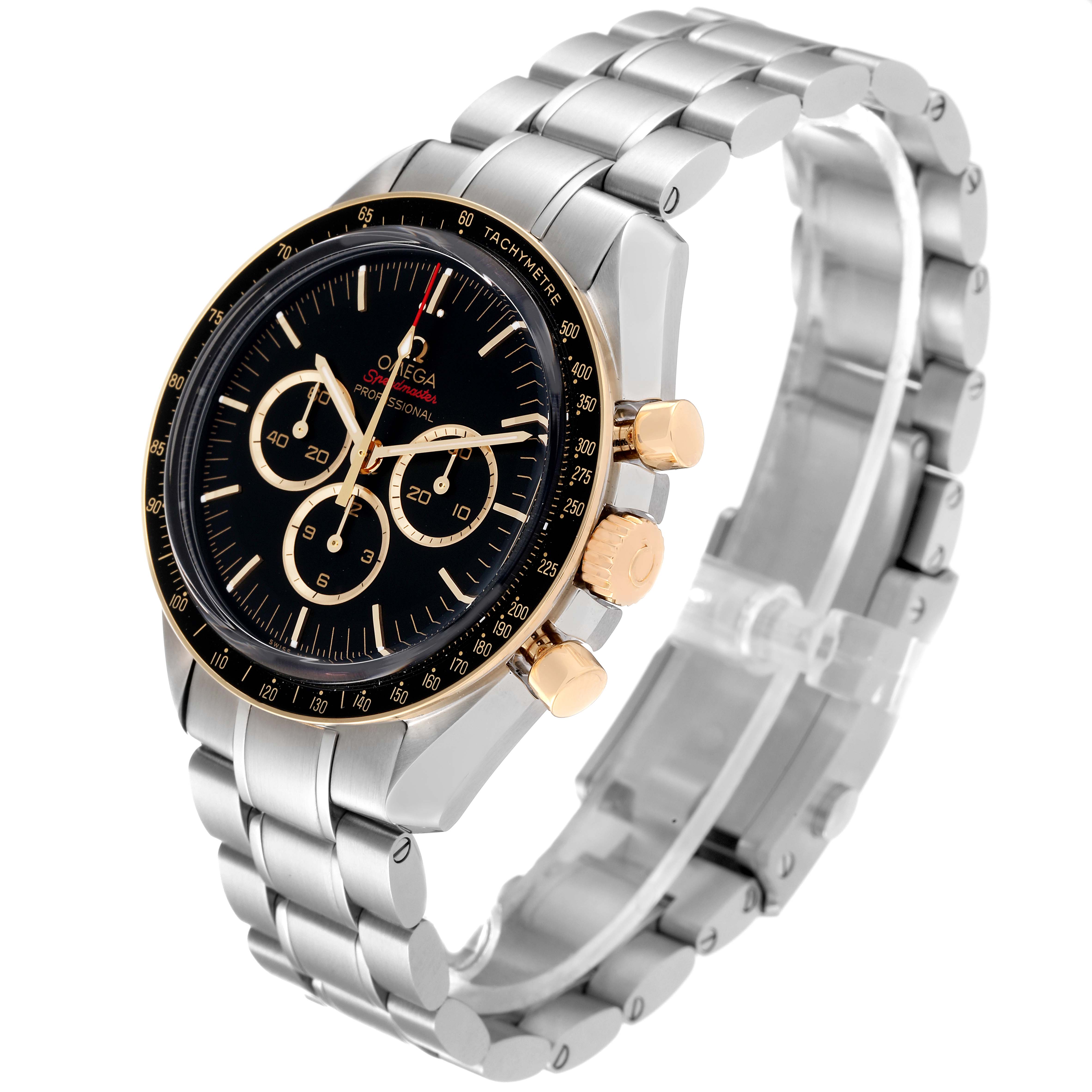 The Omega Speedmaster 522.20.42.30.01.001 Men's Stainless Steel Black Dial 522.20.42.30.01.001 Men's Stainless Steel Black Dial watch is shown from a three-quarter angle, displaying its dial, bezel, crown, and bracelet.