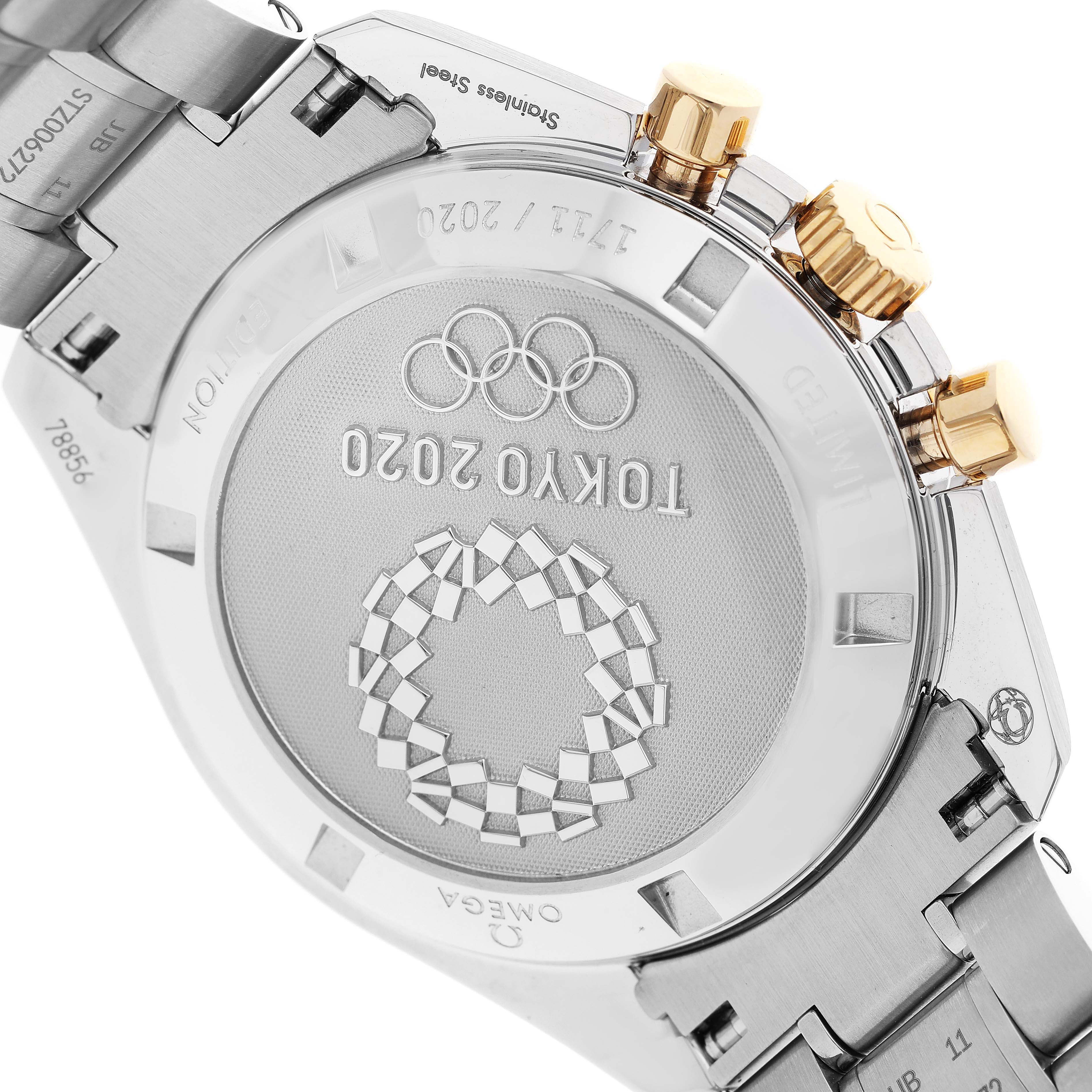 The image shows the back case and part of the bracelet of the Omega Speedmaster 522.20.42.30.01.001 Men's Stainless Steel Black Dial 522.20.42.30.01.001 Men's Stainless Steel Black Dial Tokyo 2020 edition watch.