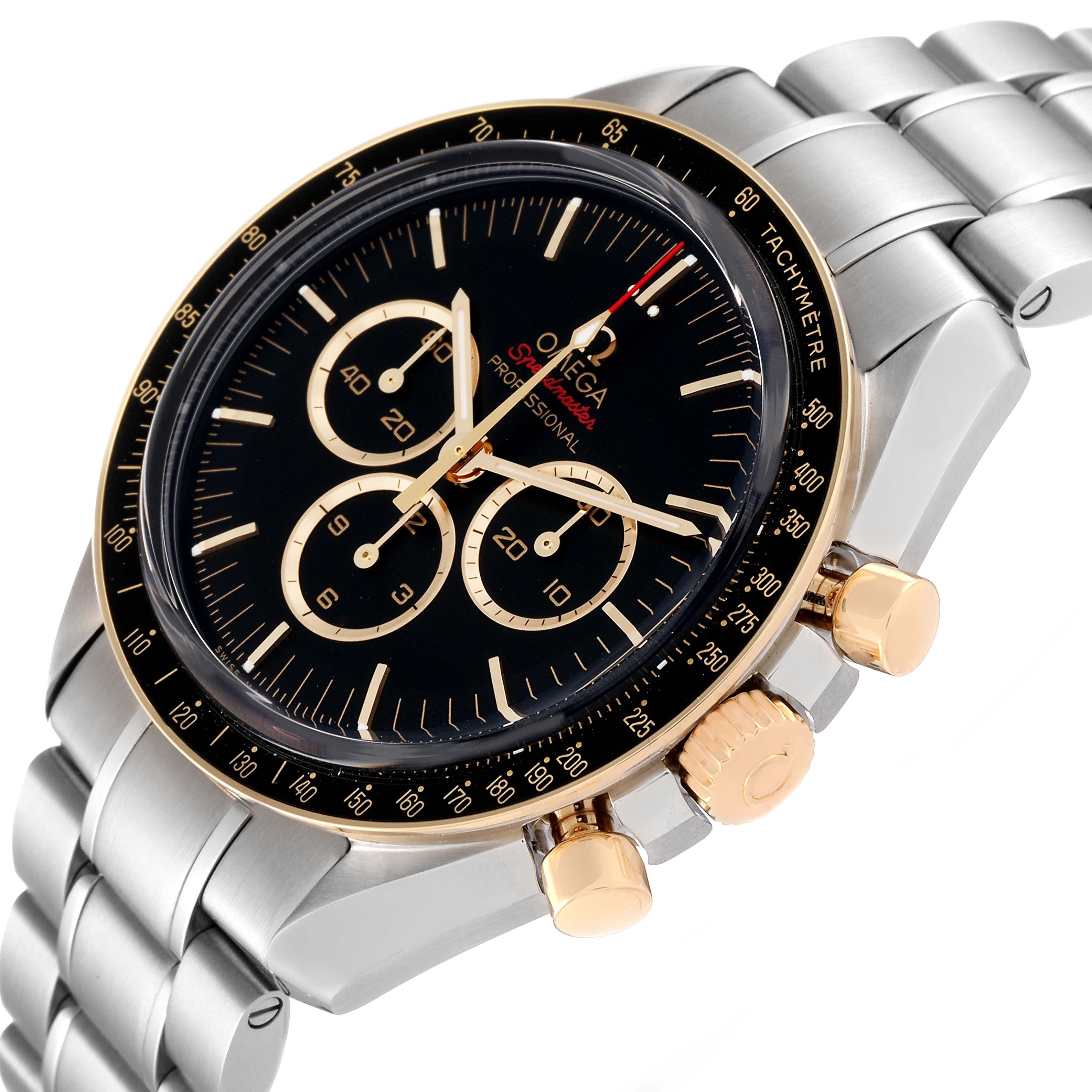 The image shows an angled view of an Omega Speedmaster 522.20.42.30.01.001 Men's Stainless Steel Black Dial 522.20.42.30.01.001 Men's Stainless Steel Black Dial watch, highlighting the dial, bezel, crown, and bracelet.