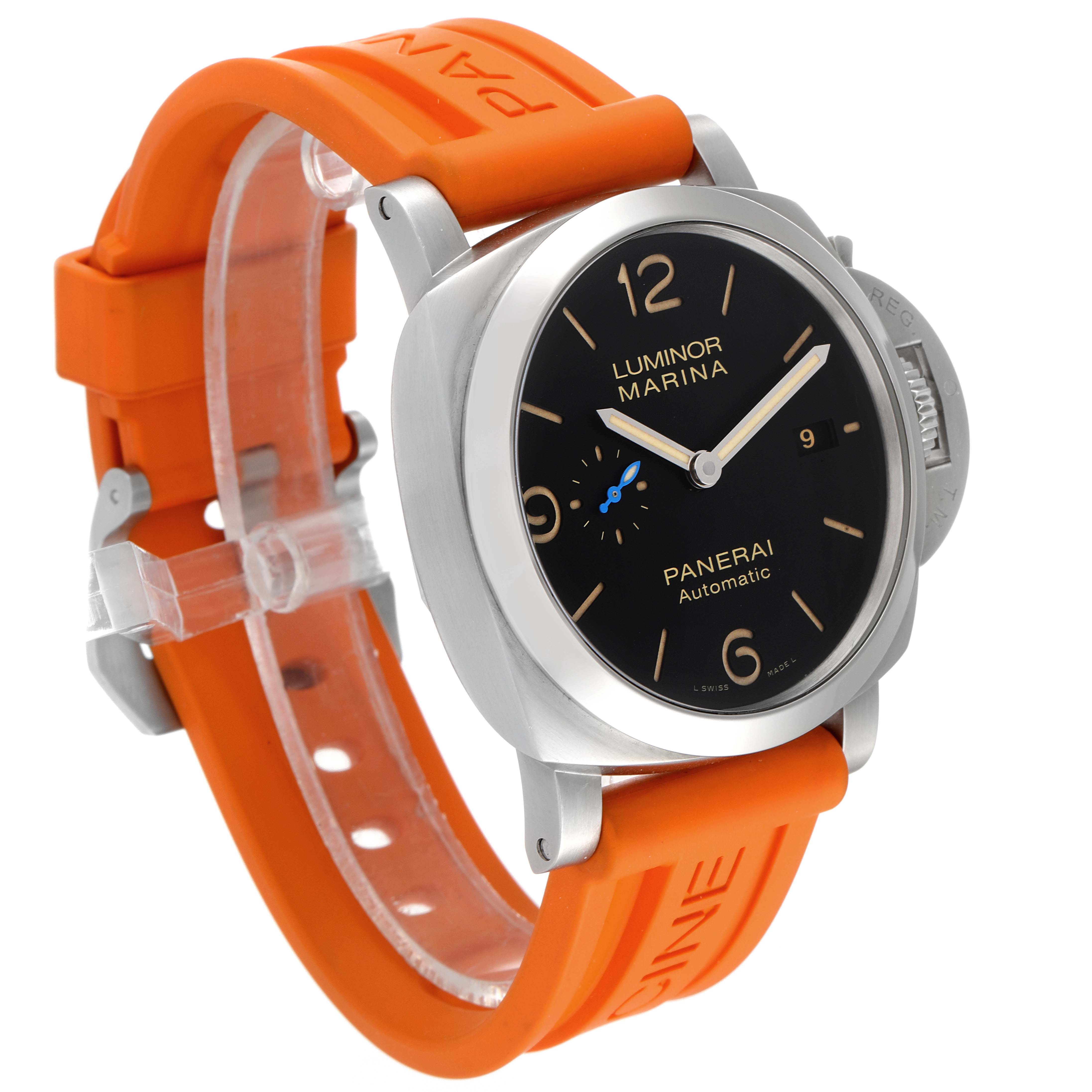 The image shows a Panerai Luminor PAM01392 Men
s Stainless Steel Black Dial PAM01392 Men
s Stainless Steel Black Dial watch at a three-quarter angle, highlighting its orange strap, black dial, and case design.