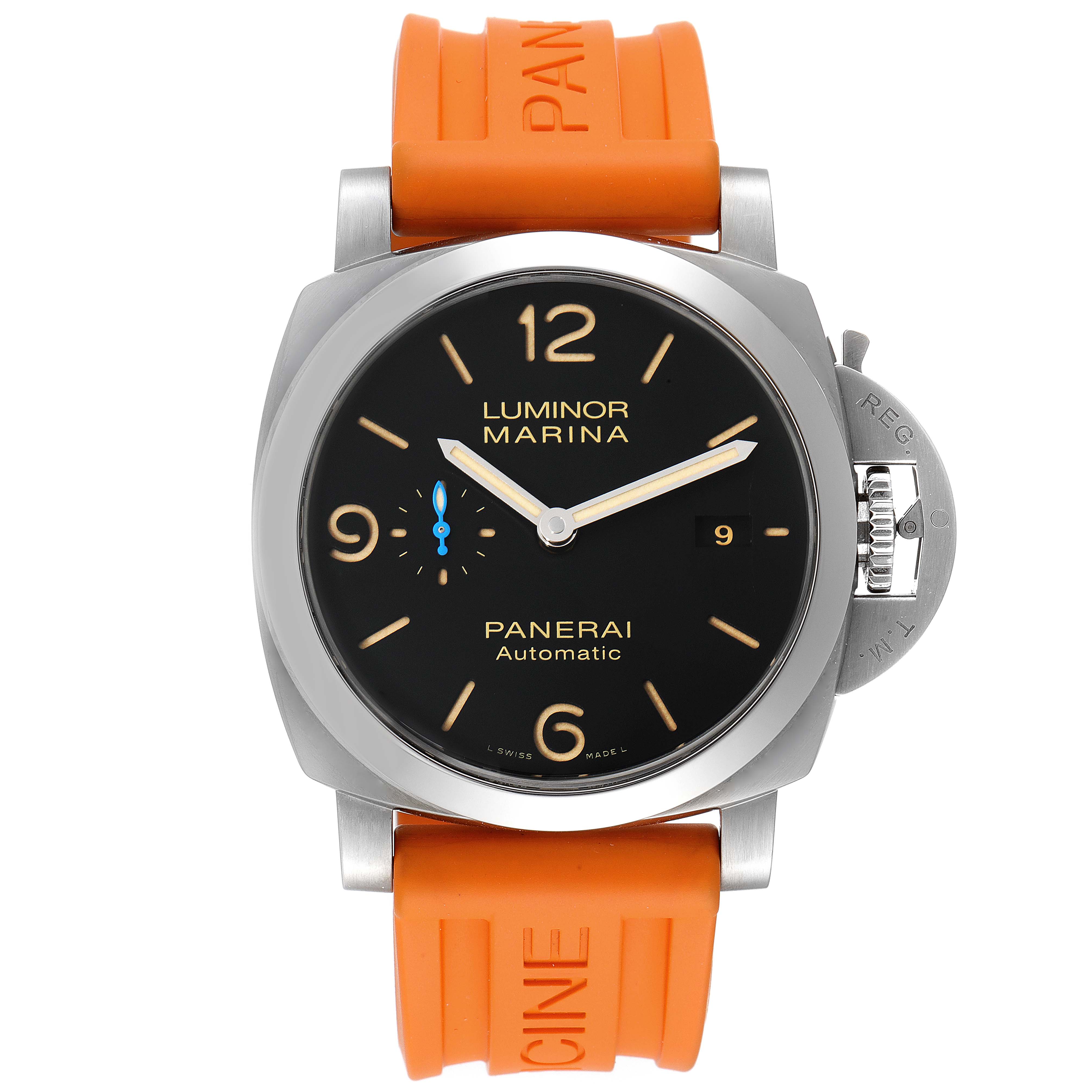 The image shows a front view of a Panerai Luminor PAM01392 Men
s Stainless Steel Black Dial PAM01392 Men
s Stainless Steel Black Dial Marina watch, highlighting its dial, bezel, strap, and crown guard.