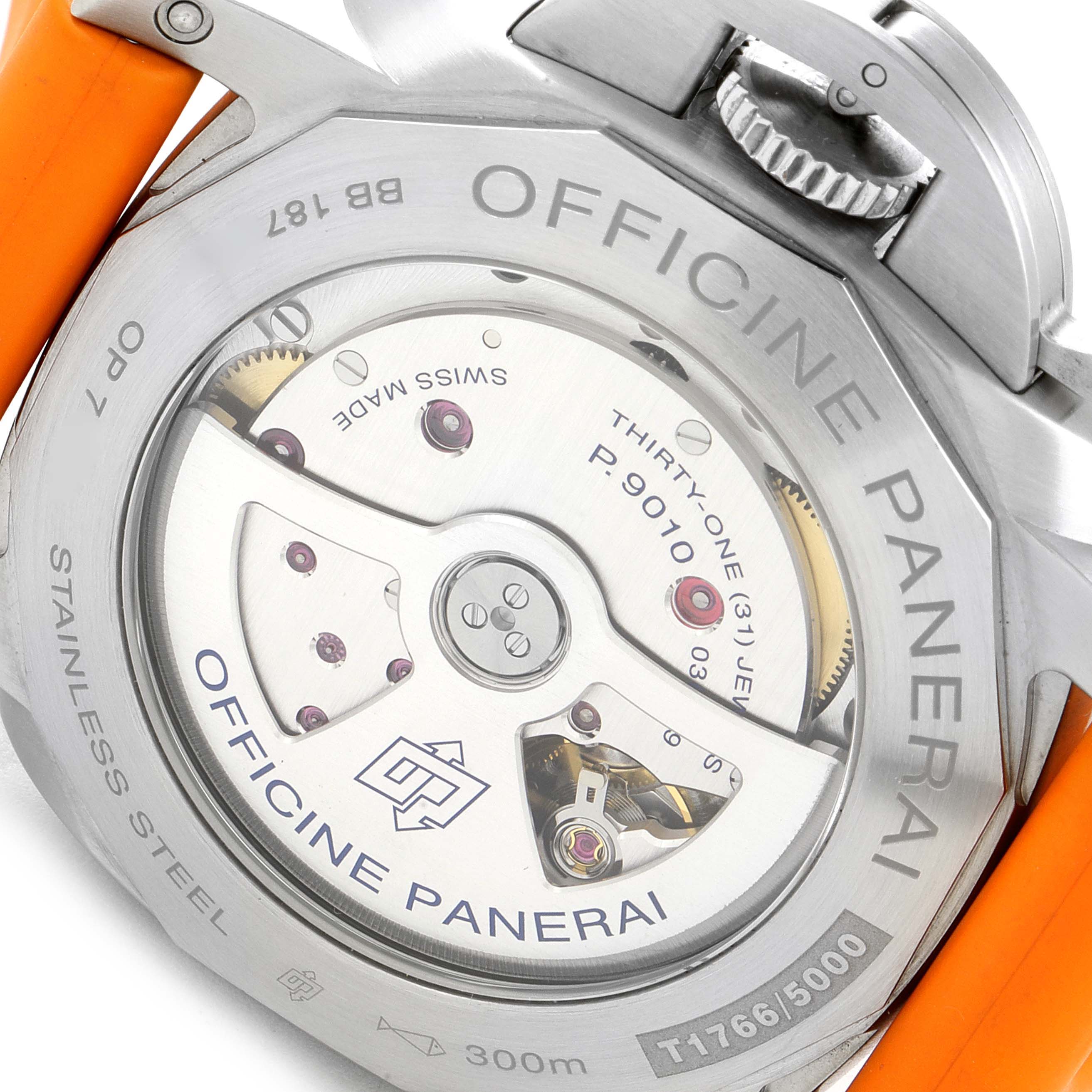 The image shows the back of a Panerai Luminor PAM01392 Men
s Stainless Steel Black Dial PAM01392 Men
s Stainless Steel Black Dial watch, highlighting its automatic movement and orange strap.