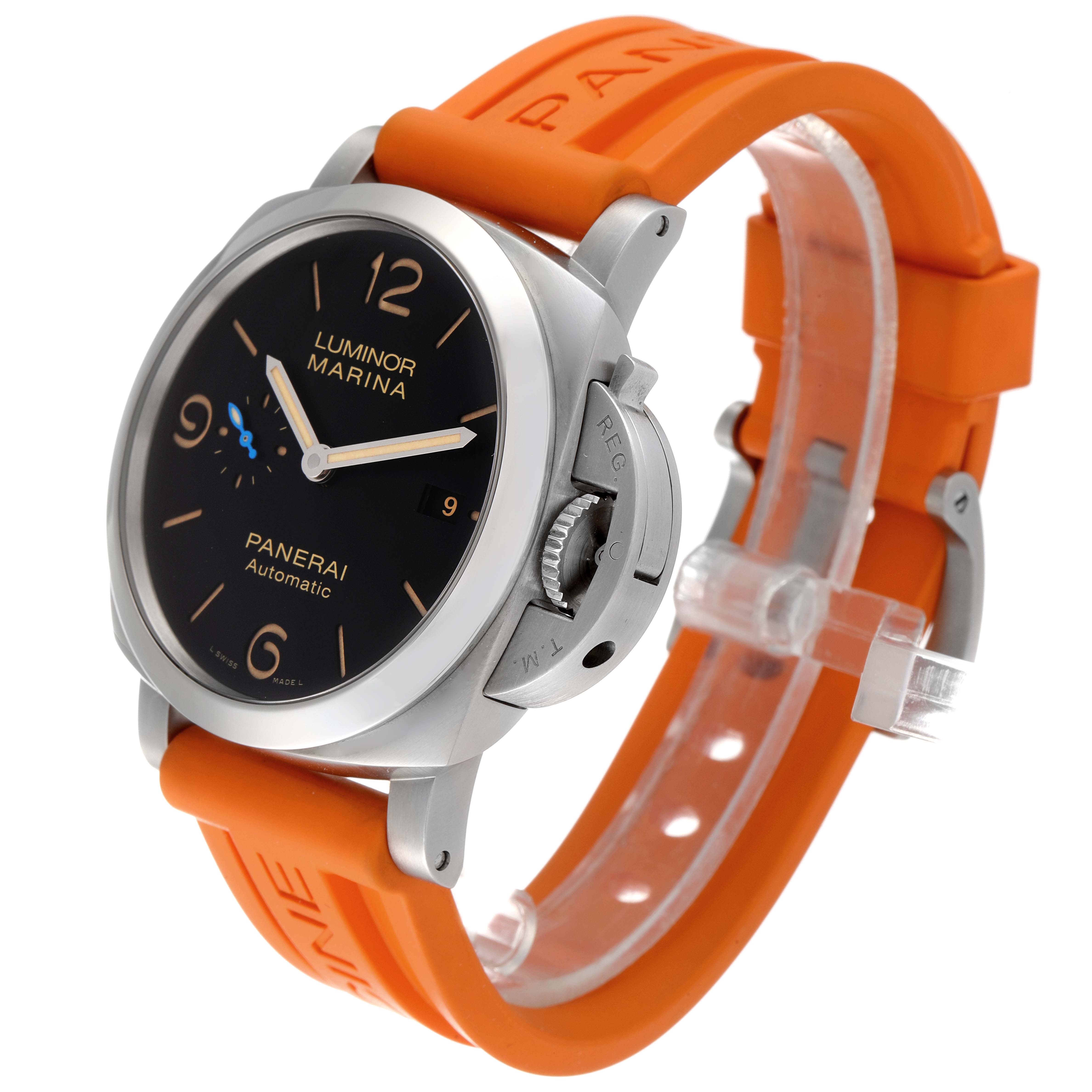This image shows a Panerai Luminor PAM01392 Men
s Stainless Steel Black Dial PAM01392 Men
s Stainless Steel Black Dial watch at an angled view, highlighting its orange strap, black dial, and crown guard.