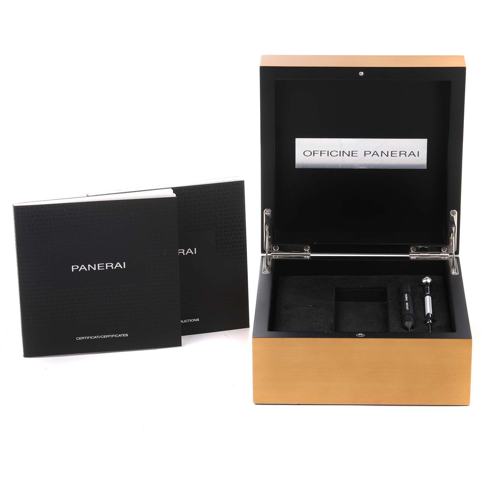 The image shows a Panerai Luminor PAM01392 Men
s Stainless Steel Black Dial PAM01392 Men
s Stainless Steel Black Dial watch box, booklets, and watch tools from a top-front angle.