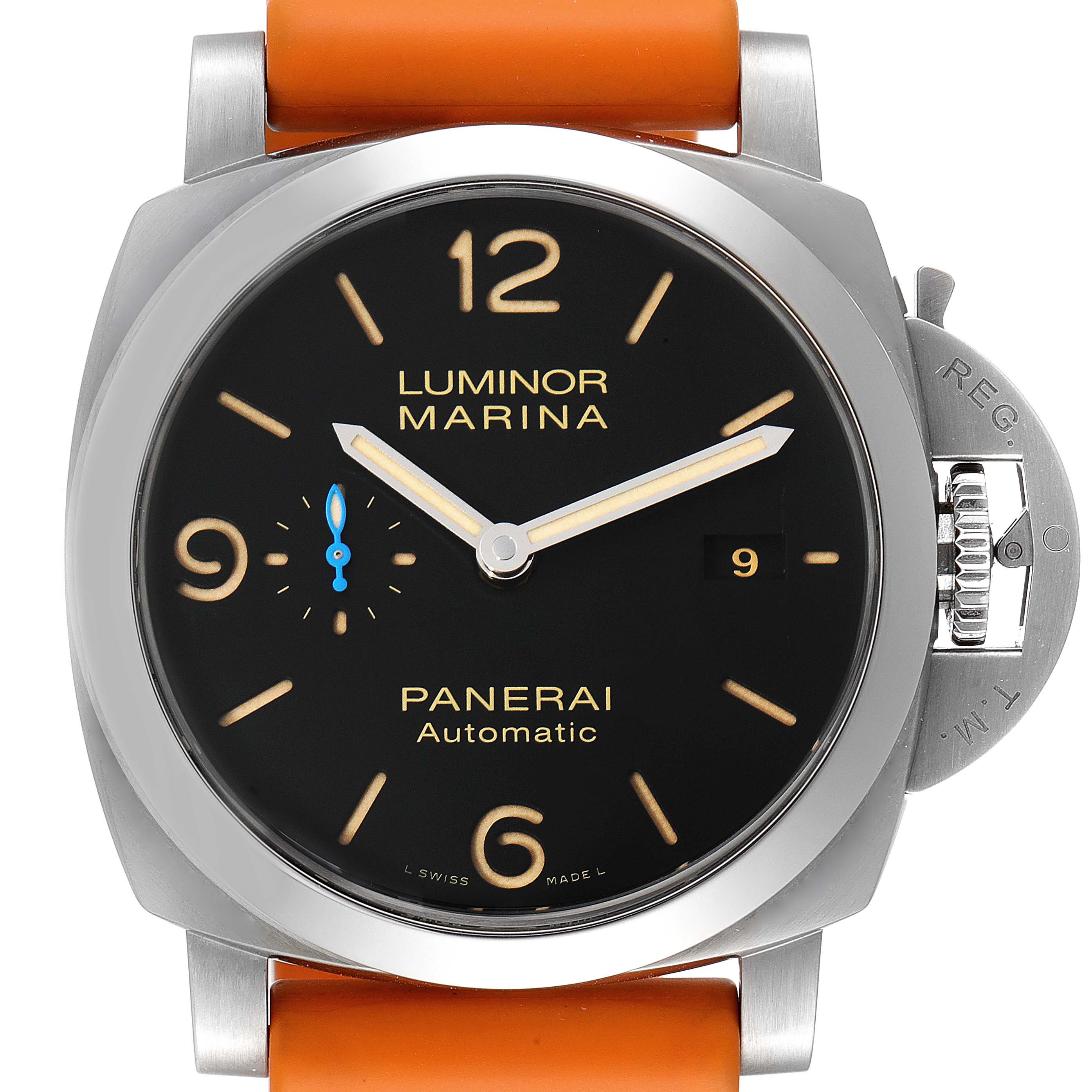 This image shows a frontal view of a Panerai Luminor PAM01392 Men
s Stainless Steel Black Dial PAM01392 Men
s Stainless Steel Black Dial Marina watch with an orange strap.