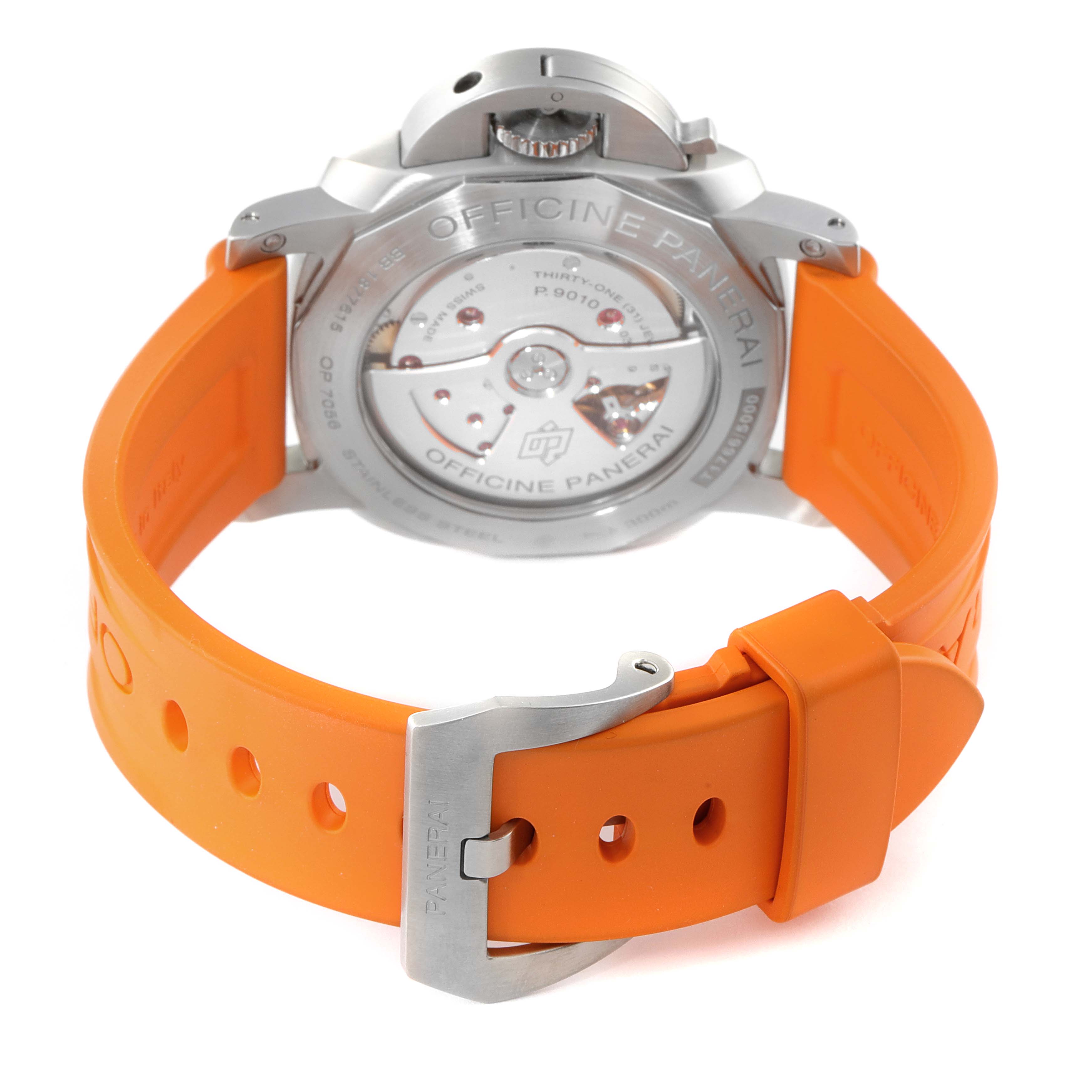 This image shows the back view of a Panerai Luminor PAM01392 Men
s Stainless Steel Black Dial PAM01392 Men
s Stainless Steel Black Dial watch with an orange strap and visible mechanism, clasp, and case back details.