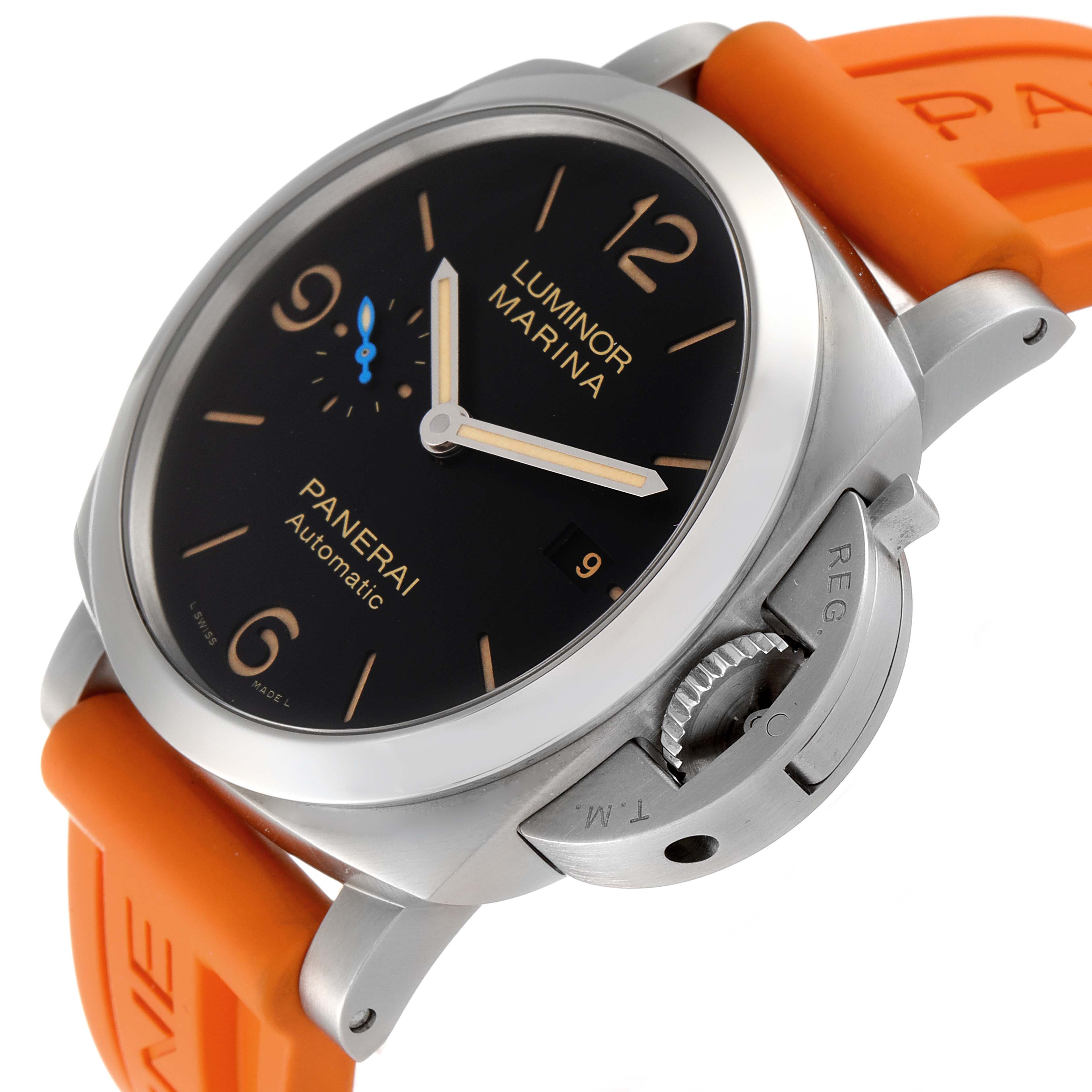 The image shows a Panerai Luminor PAM01392 Men
s Stainless Steel Black Dial PAM01392 Men
s Stainless Steel Black Dial Marina watch at a 3/4 angle highlighting its orange strap and crown guard.