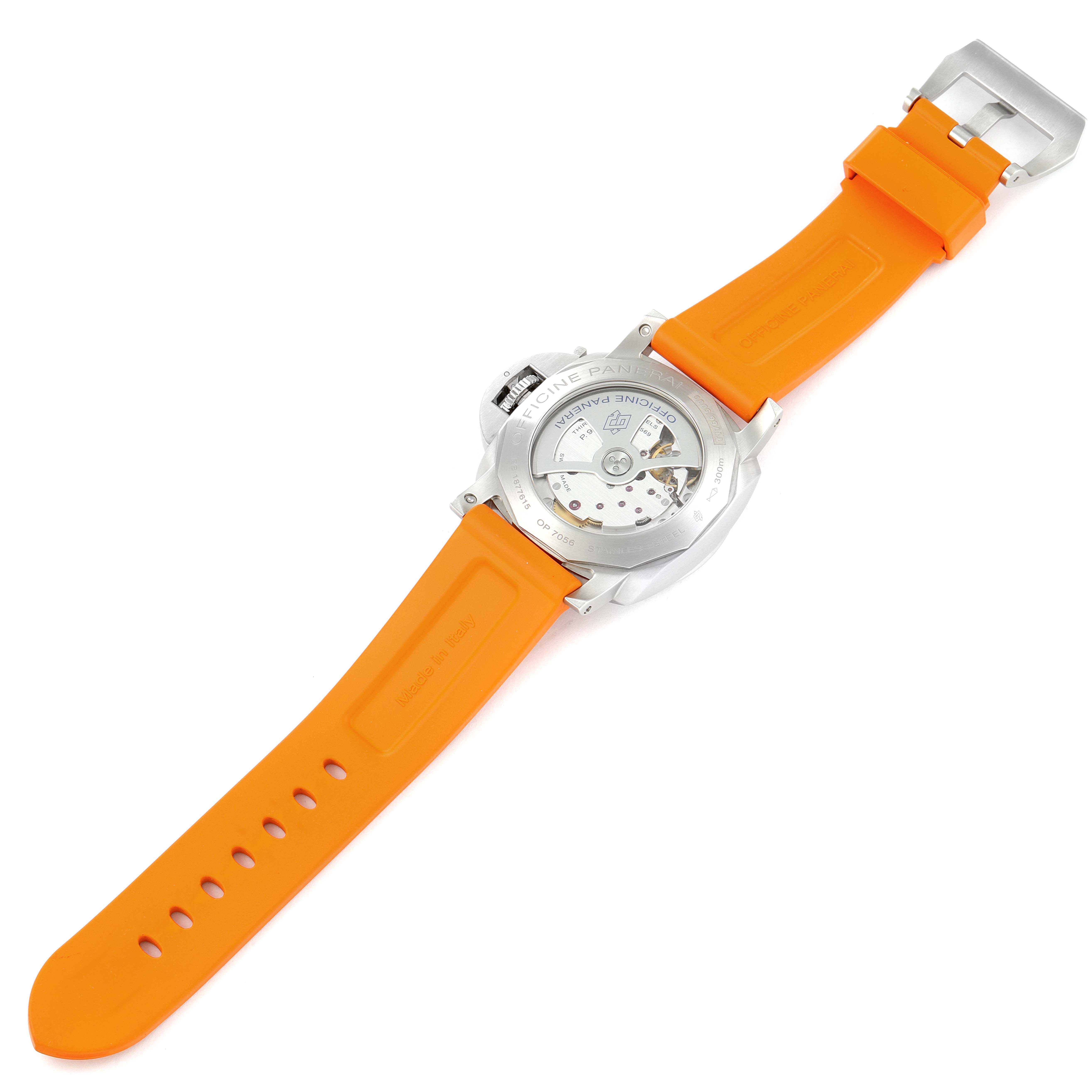 The image shows the back of the Panerai Luminor PAM01392 Men
s Stainless Steel Black Dial PAM01392 Men
s Stainless Steel Black Dial watch with an orange strap, highlighting the transparent case back.