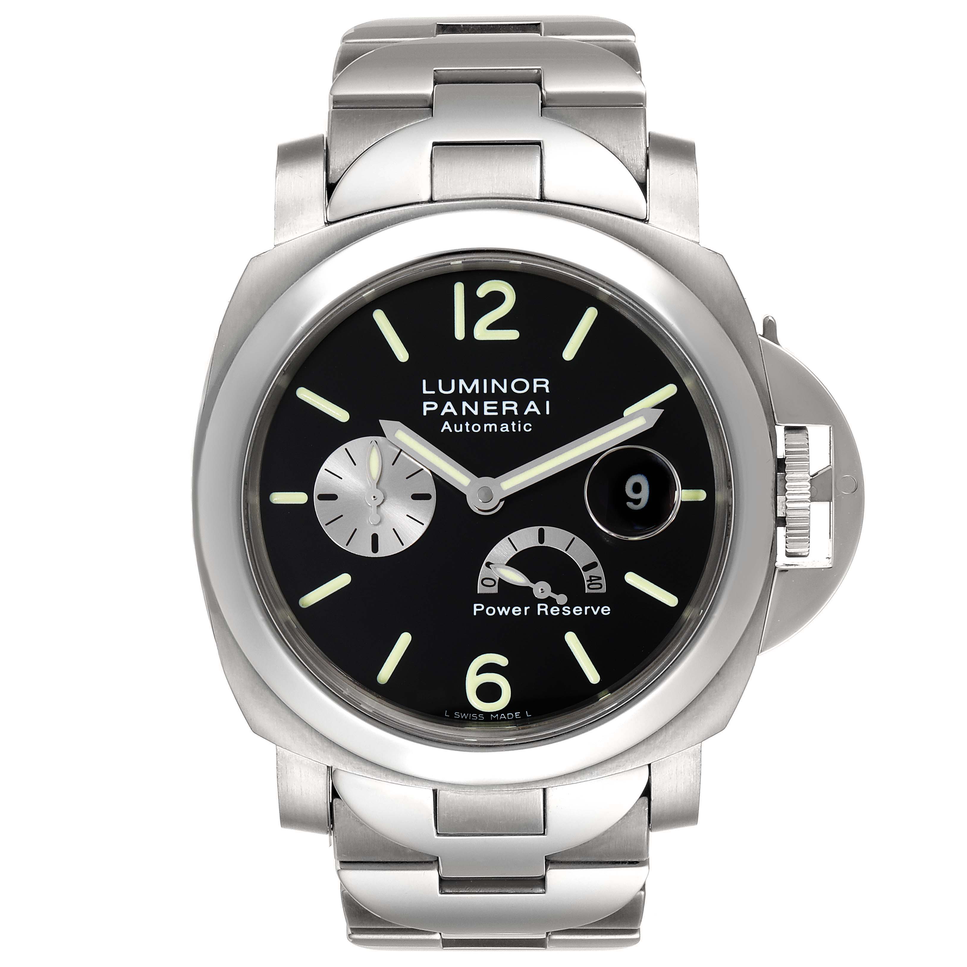 The image shows a front view of the Panerai Luminor PAM00171 Men's Titanium Black Dial PAM00171 Men's Titanium Black Dial watch, highlighting its dial, bracelet, and power reserve indicator.