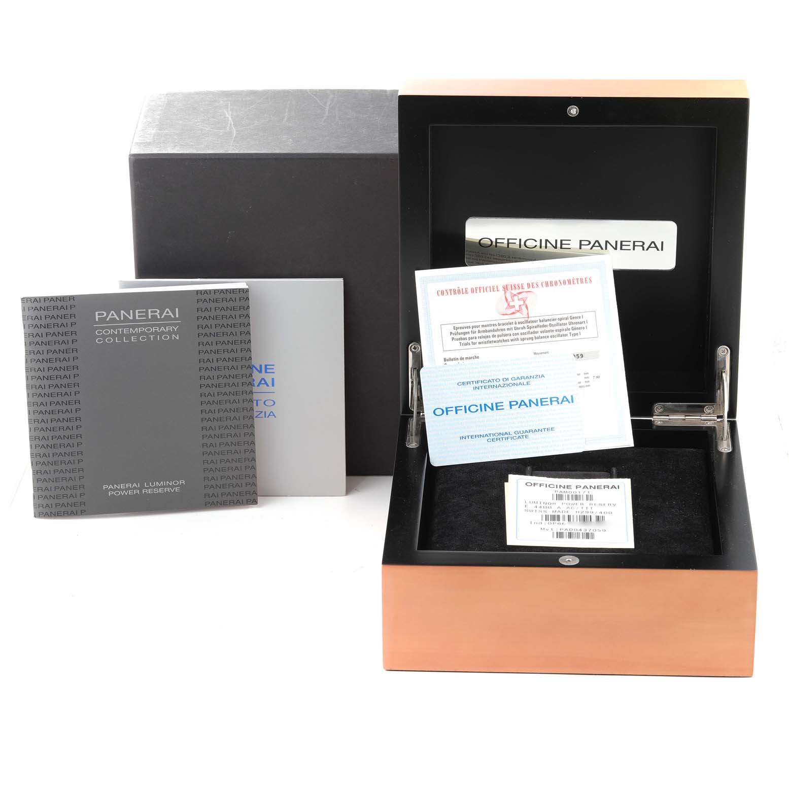 The image shows the packaging, documentation, and open presentation box for the Panerai Luminor PAM00171 Men's Titanium Black Dial PAM00171 Men's Titanium Black Dial watch.
