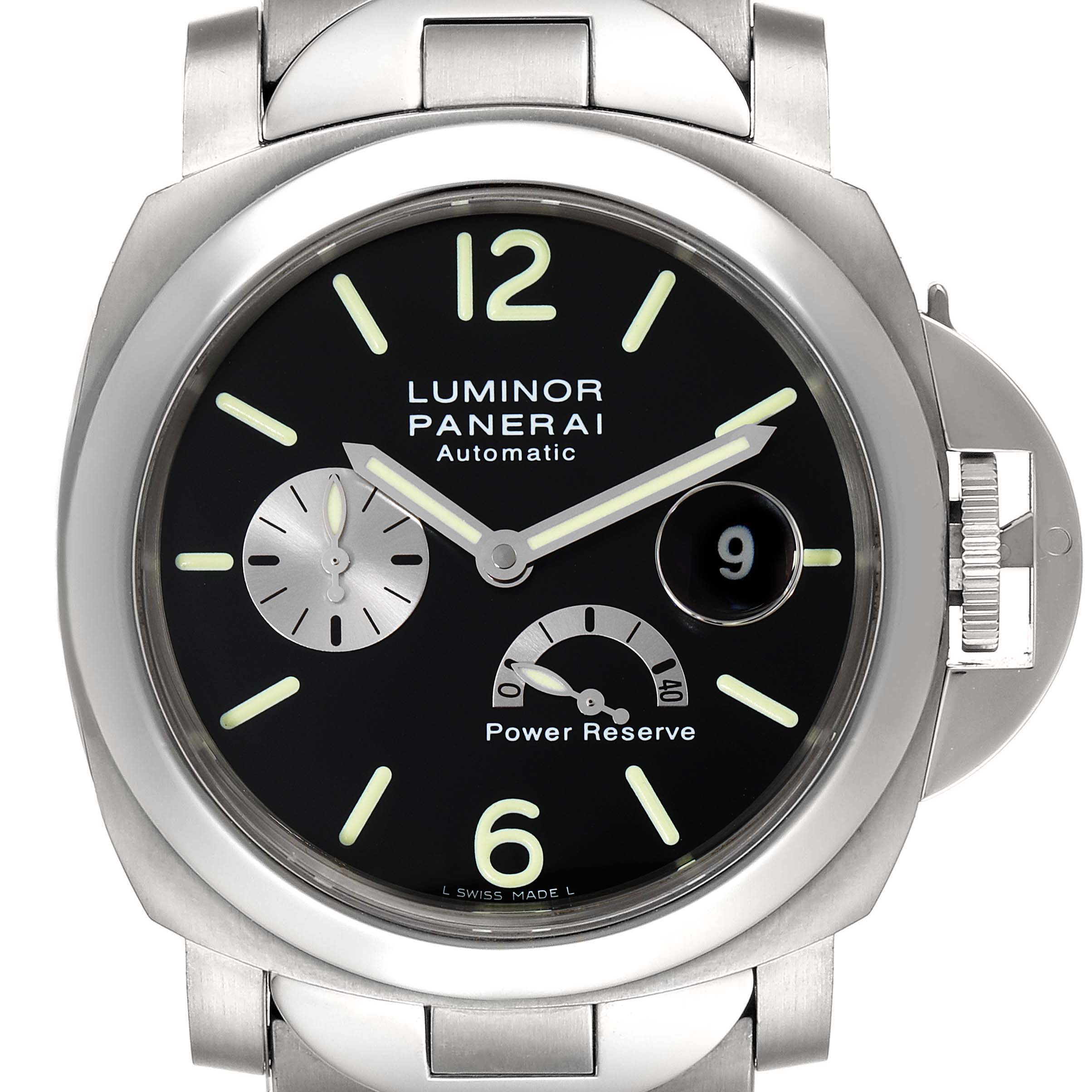 This image shows a front view of the Panerai Luminor PAM00171 Men's Titanium Black Dial PAM00171 Men's Titanium Black Dial model watch, highlighting its dial, hands, date window, and crown guard.